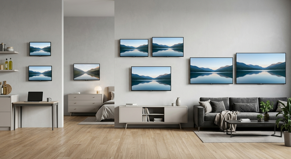 Verschiedene Fernseher, in verschiedenen Zollgrößen, Vergleich der Fernseher in verschiedenen Räumen und Anwendungen