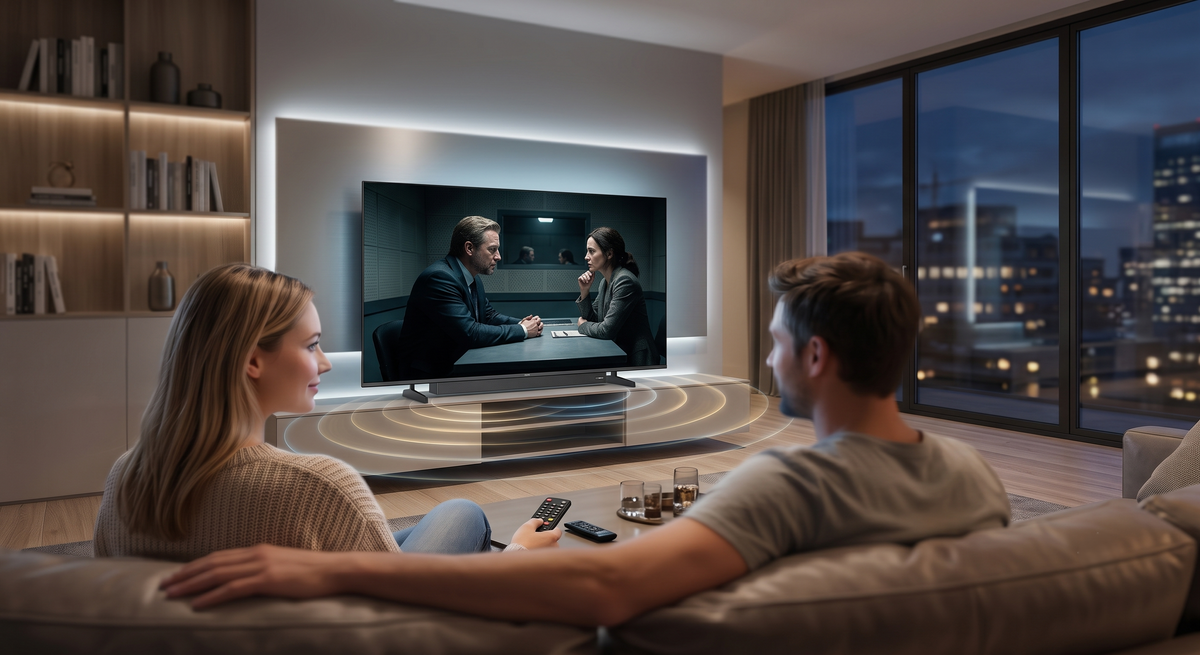 Eine Frau und ein Mann sitzen vor einem DYON Soundboost Fernseher mit extra klarem Klang und lebendigen Sound. Unter dem Fernseher sind symbolisierte Schallwellen, die den guten Klang der Soundboost zeigen sollen.