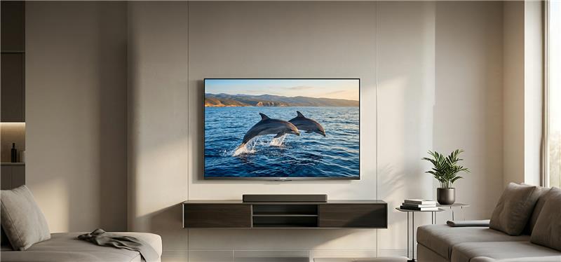 Modernes Wohnzimmer mit einem an der Wand montierten Fernseher, der zwei aus dem Meer springende Delphine zeigt, einer Soundbar darunter und einer Pflanze auf einem Beistellschrank.