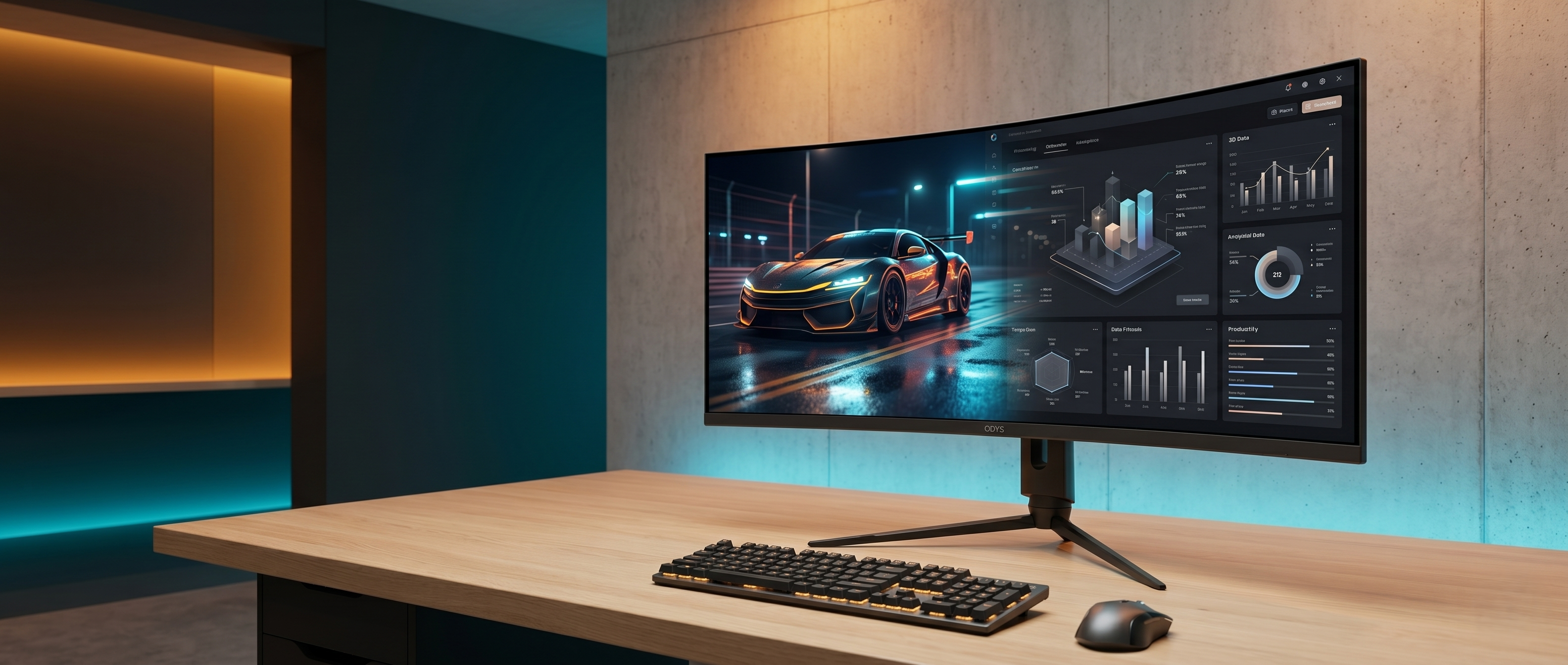 Auf einem Schreibtisch steht ein gebogener Computermonitor, auf dem das Bild eines Sportwagens sowie verschiedene Datendiagramme zu sehen sind. Vor dem Monitor stehen in einem modernen, gut beleuchteten Raum eine Tastatur und eine Maus.