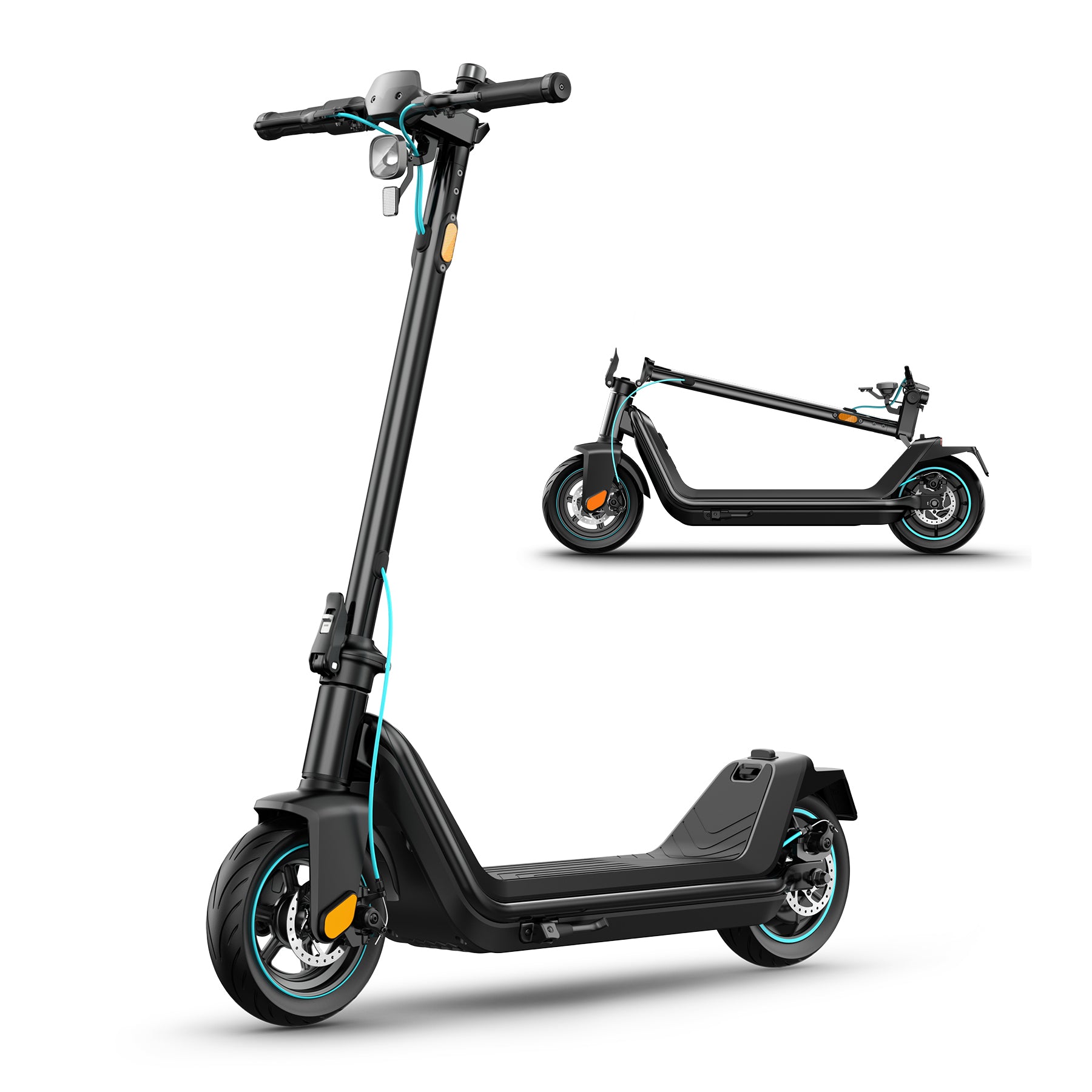 Der Odys ALPHA X5 PRO E-Scooter ist in Schwarz mit blauen Akzenten abgebildet, aufrecht und zusammengeklappt auf weißem Hintergrund - und unterstreicht damit die innovative Mobilität für den modernen Stadtverkehr.