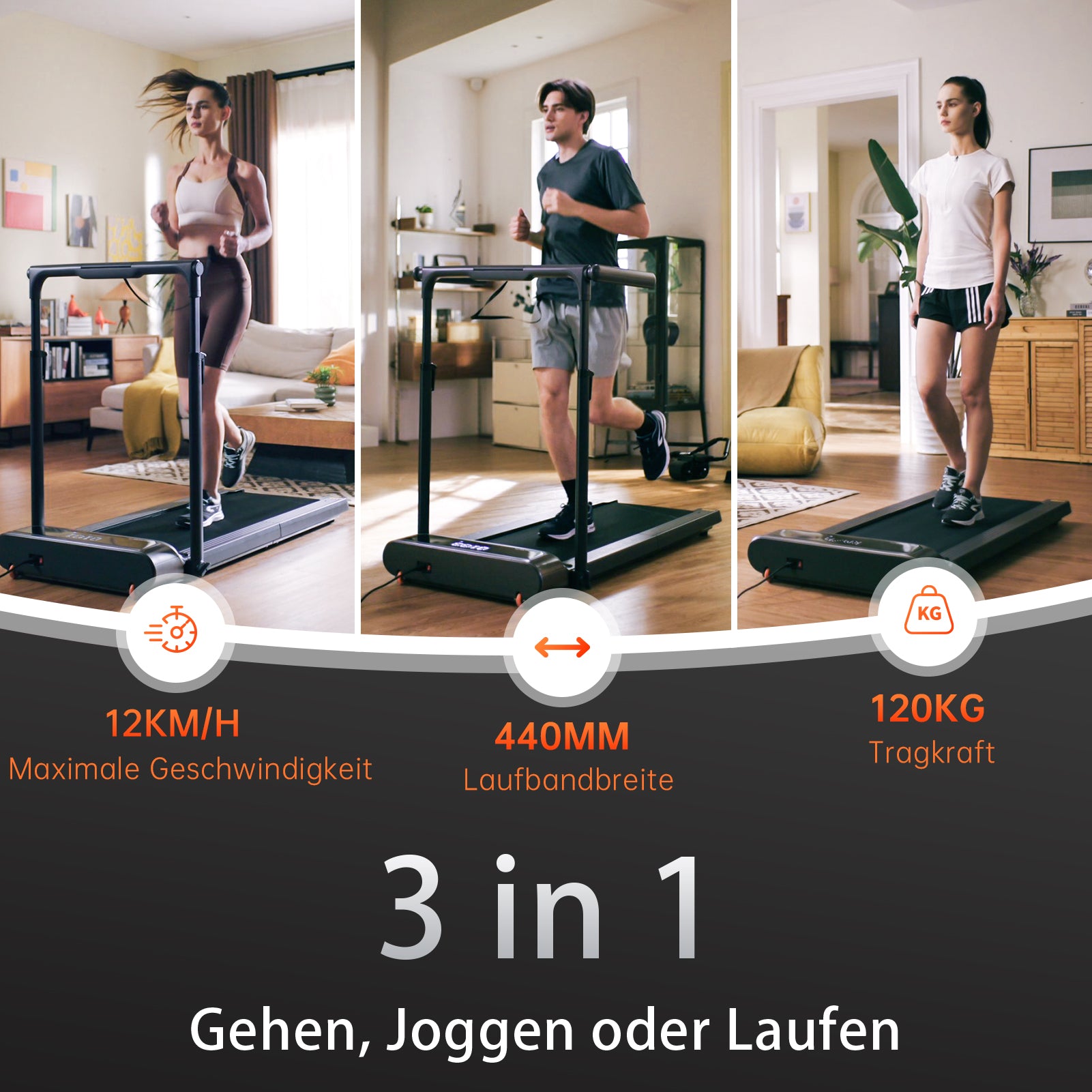 Drei Personen benutzen das Kingsmith WalkingPad R3 Hybrid+ Klappbares Laufband in der Halle - eine geht, eine joggt und eine läuft. Maximale Geschwindigkeit: 12 km/h, Gurtbreite: 440 mm, maximales Gewicht: 120 kg.