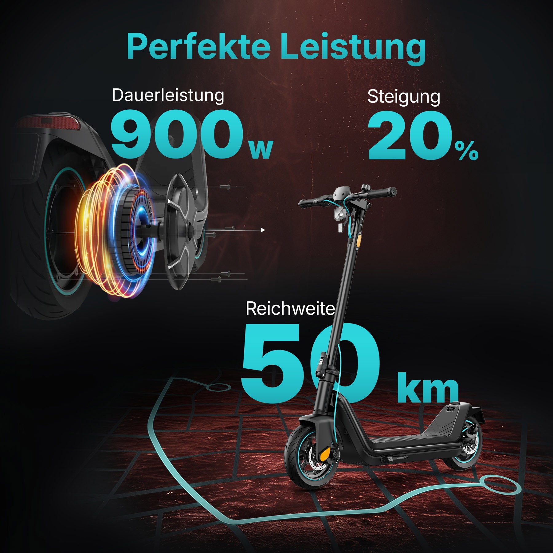 Der Odys ALPHA X5 PRO E-Scooter liefert 900 W Dauerleistung, überwindet 20 % Steigung und hat eine Reichweite von 50 km. Technische Grafiken zeigen seine leistungsstarken Eigenschaften.
