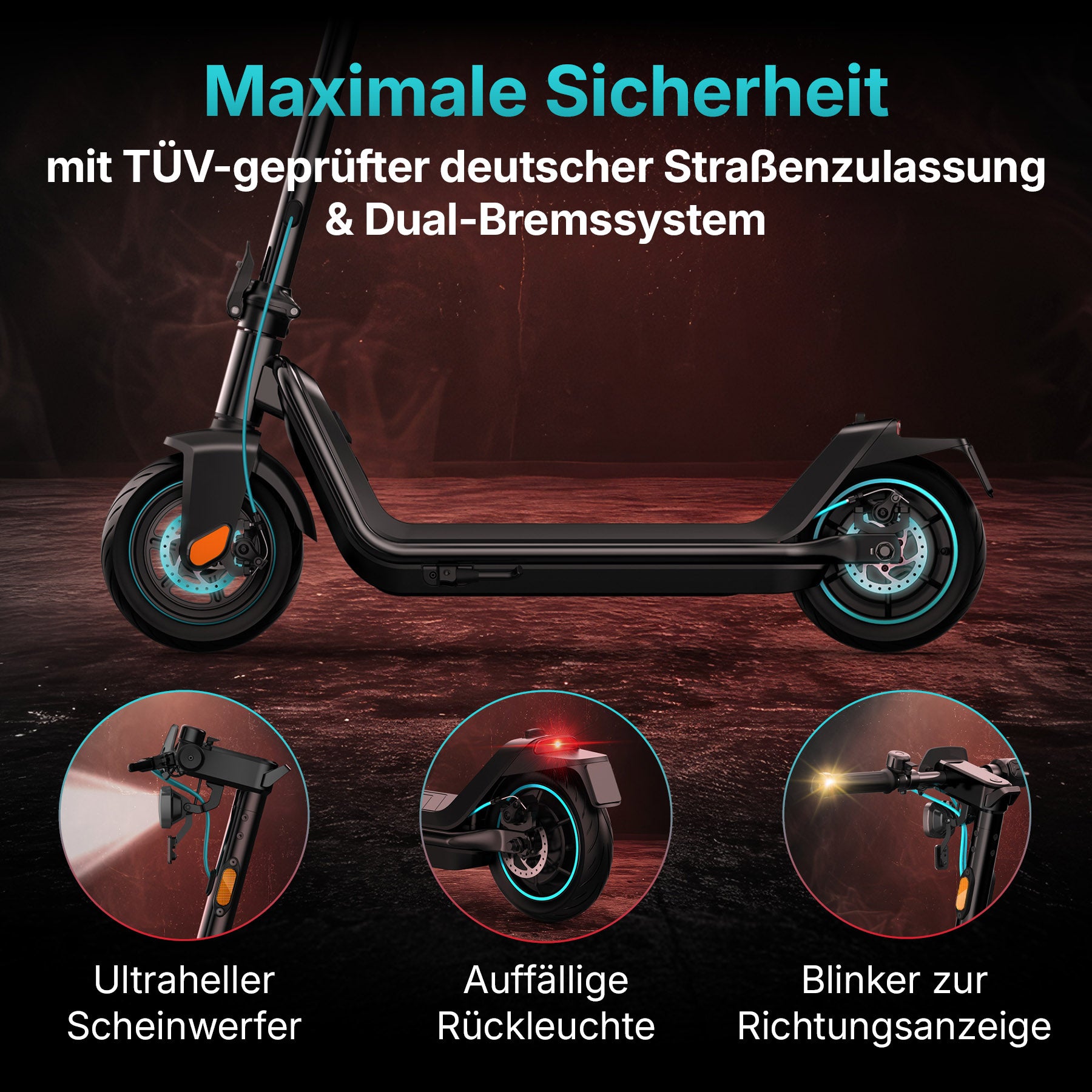 Der Odys ALPHA X5 PRO E-Scooter verfügt über eine Reichweite von 50 km, TÜV-geprüftes deutsches Straßenzertifikat, doppelte Bremsen, einen hellen Scheinwerfer, Rücklicht und Blinker.