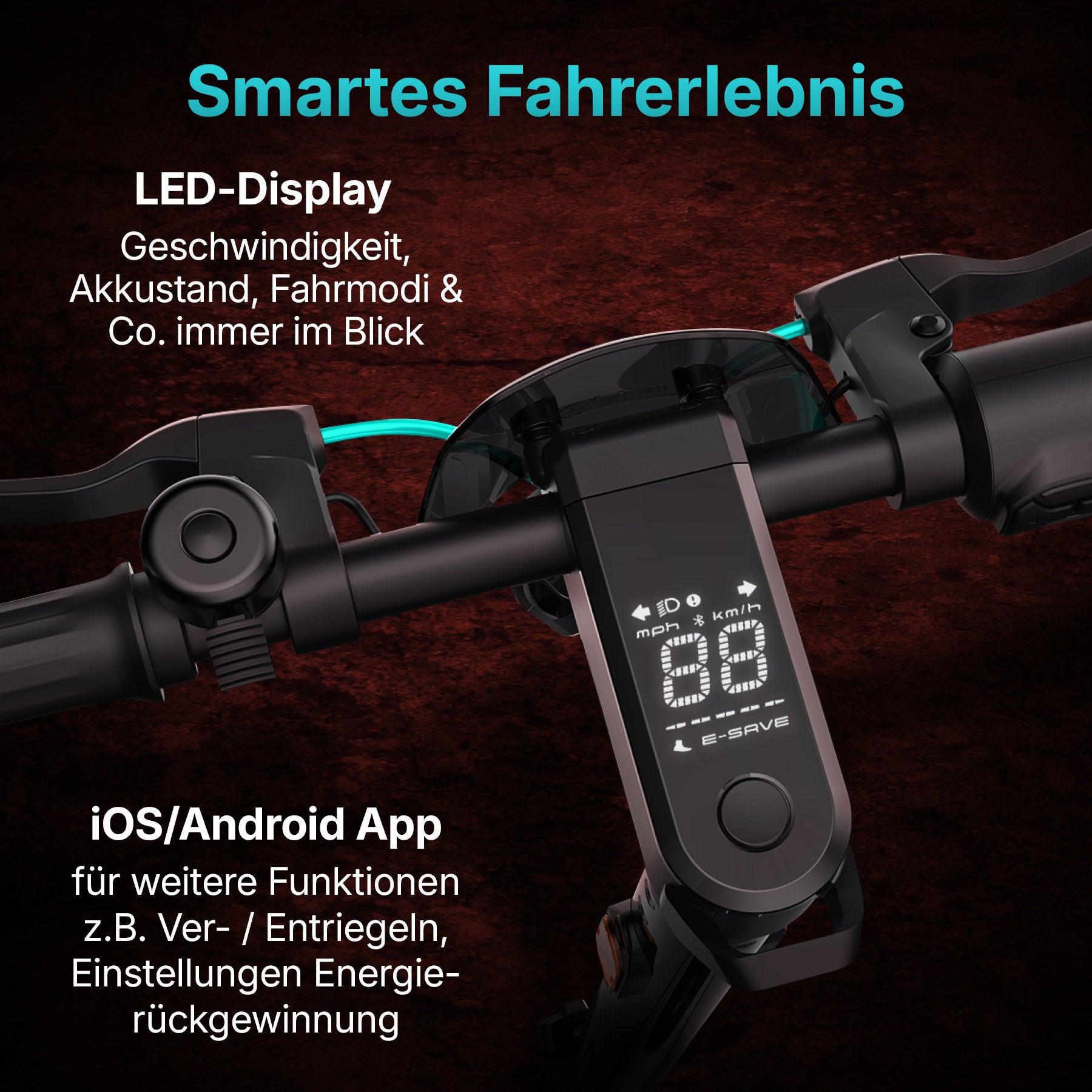 Nahaufnahme des Lenkers vom Odys ALPHA X5 PRO E-Scooter mit LED-Display für Geschwindigkeit, Akkustand, 50 km Reichweite und weiteren Infos; Text auf Deutsch beschreibt App-Konnektivität und smarte Fahrfunktionen.