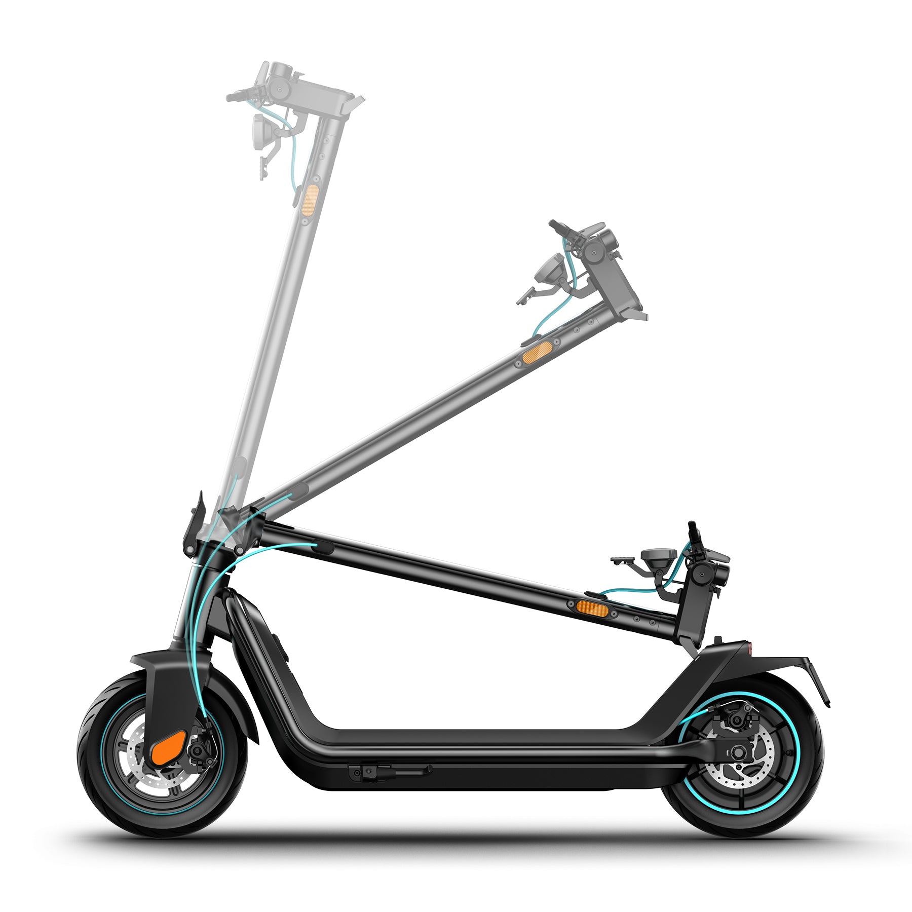 Ein schwarzer Odys ALPHA X5 PRO - E-Scooter wird in der Seitenansicht gezeigt, wobei der Lenker zum Fahren aufrecht steht und zum Verstauen heruntergeklappt werden kann - ideal für moderne Elektromobilität.