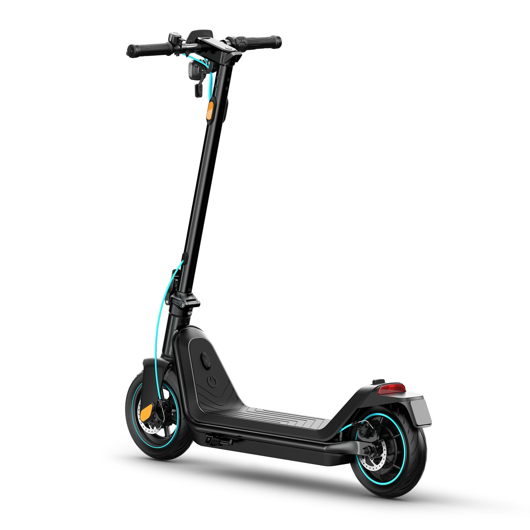 Ein schwarzer Odys ALPHA X5 PRO - E-Scooter mit blaugrünen Akzenten wird von hinten auf weißem Hintergrund gezeigt und steht für moderne Elektromobilität.