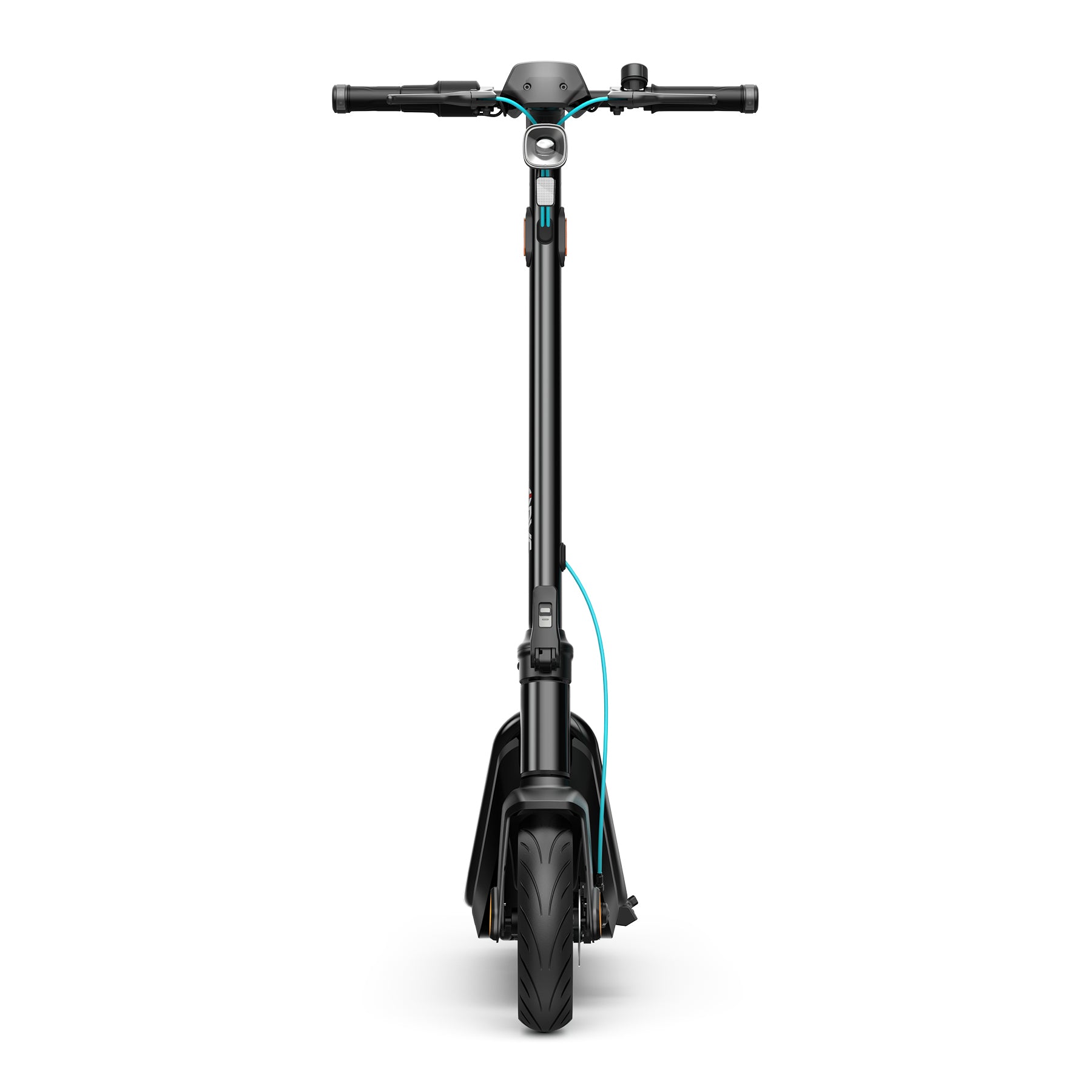 Frontansicht des Odys ALPHA X5 PRO - E-Scooters mit einem einzelnen Scheinwerfer, Lenker und Vorderrad vor weißem Hintergrund. Sein faltbares Design kombiniert Stil und Komfort.