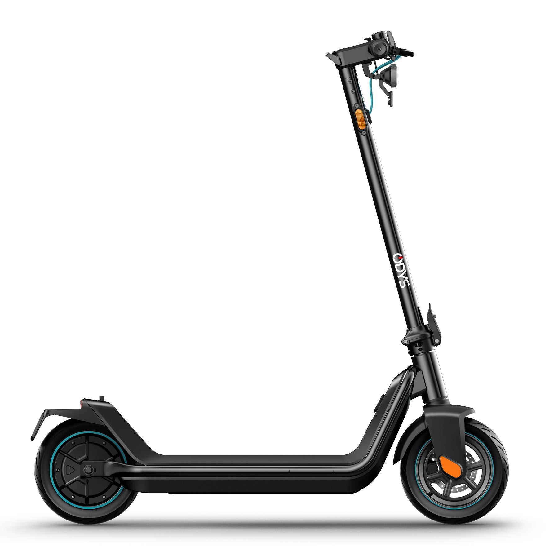 Seitenansicht des Odys ALPHA X5 PRO - E-Scooter mit tealfarbenen Akzenten, Kickstand und gebogenem Deck, der eine Reichweite von 50 km bietet, dargestellt vor einem weißen Hintergrund.