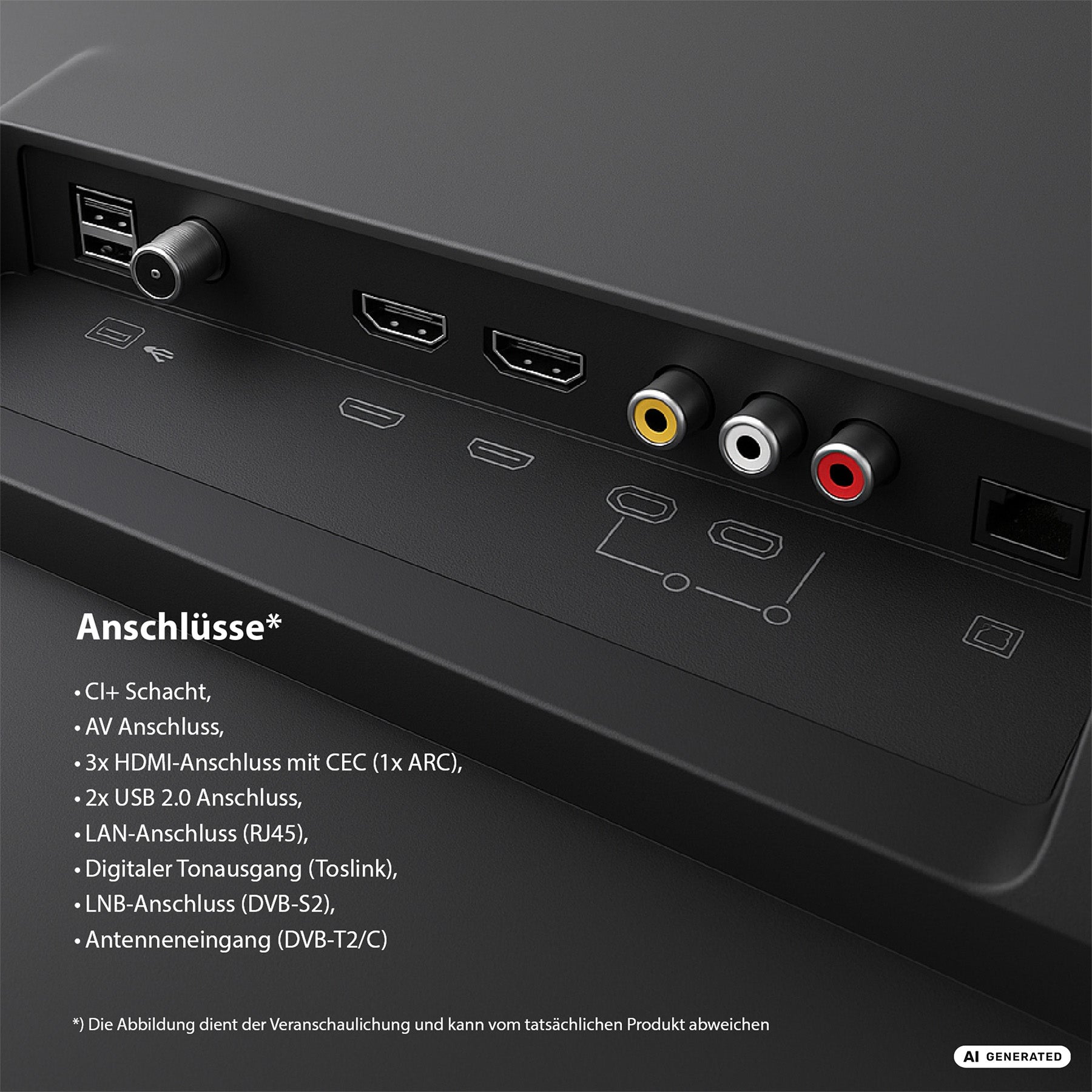 Nahaufnahme der Rückseite des DYON Ultimax 58U-TI 58-Zoll-4K-UHD-Samsung-Tizen-Smart-TV – Gaming Hub von Dyon, auf der verschiedene Anschlüsse zu sehen sind, darunter HDMI-, USB-, AV-, LAN-, digitale Audio-, Antennen- und LNB-Anschlüsse, mit beschreibendem Text auf Deutsch.