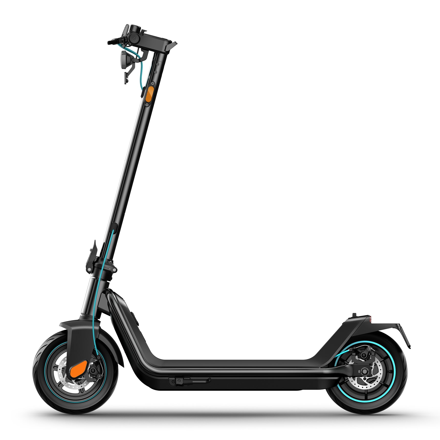 Der Odys ALPHA X5 PRO E-Scooter, abgebildet in Schwarz mit tealfarbenen Akzenten und breiten Reifen auf weißem Hintergrund, bietet eine Reichweite von 50 km für lange Stadtfahrten.