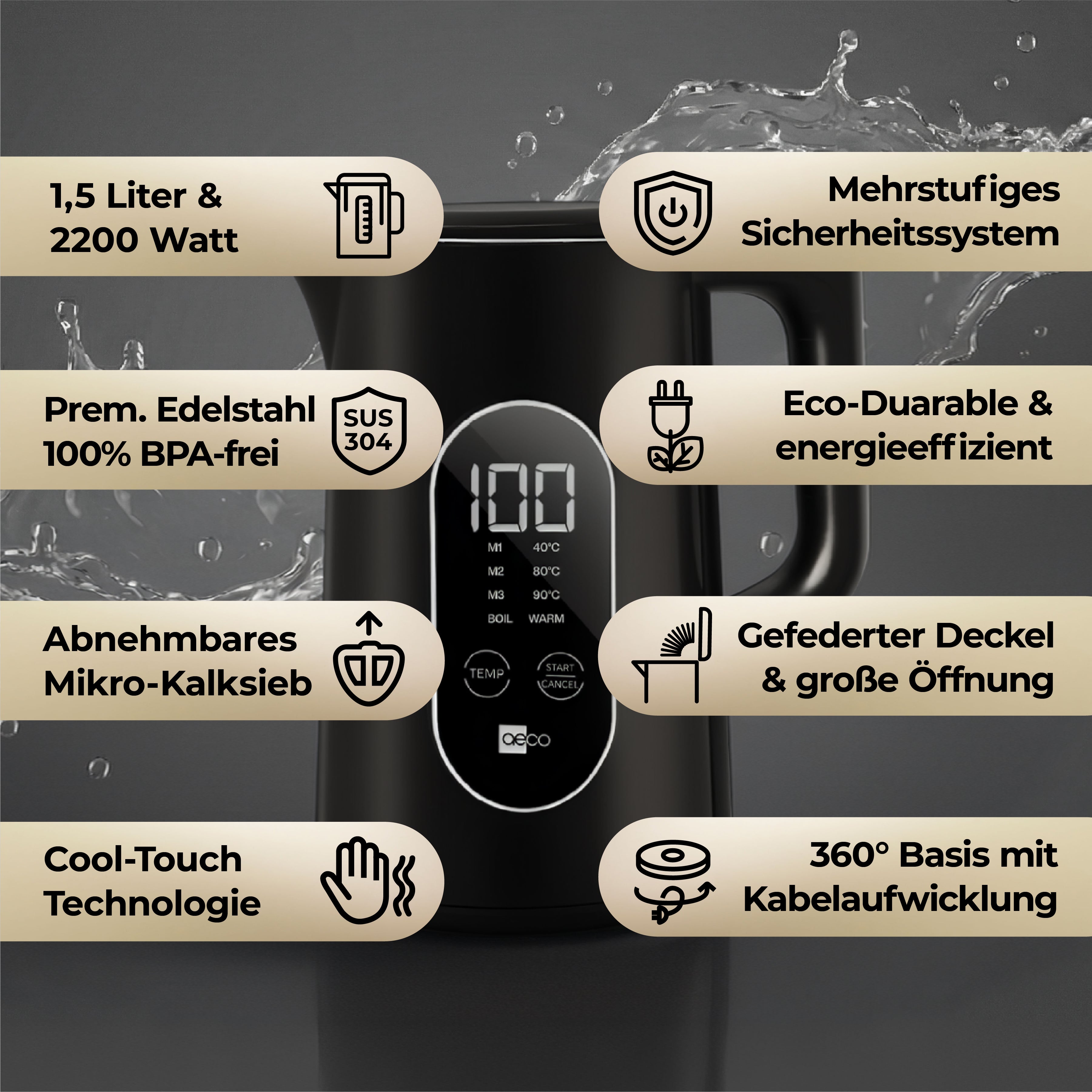 Der aeco AQA ELITE Wasserkocher ist ein schwarzer Wasserkocher mit Digitalanzeige, 1,5 l Fassungsvermögen, 2200 W Leistung, Edelstahlgehäuse, Sicherheitssystem und Energieeffizienzsymbolen.