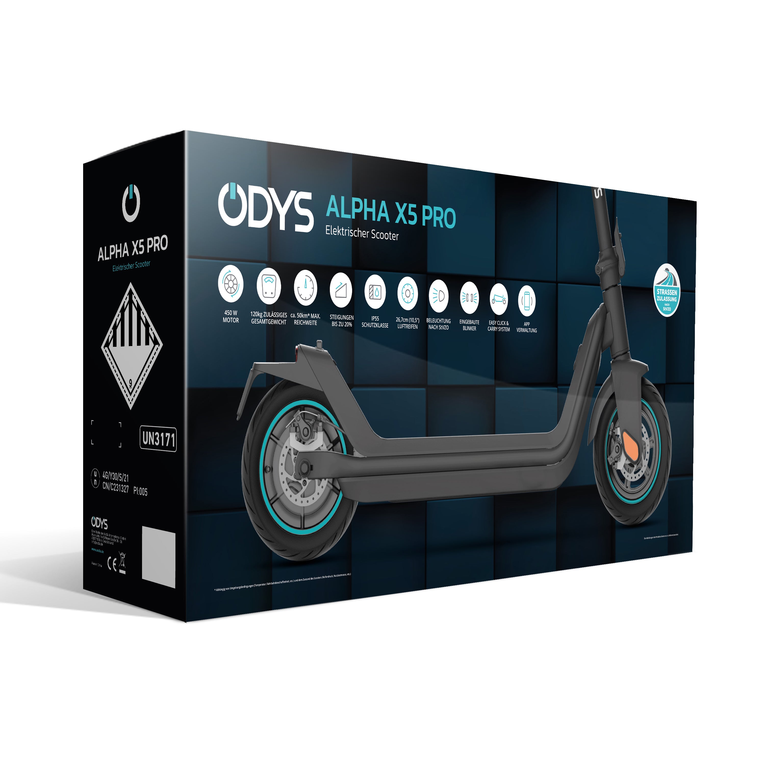 Schachtel des Odys ALPHA X5 PRO - E-Scooter mit dem Bild eines Rollers, Symbolen für Funktionen wie 50 km Reichweite, alles vor einem dynamischen blauen und schwarzen Hintergrund.