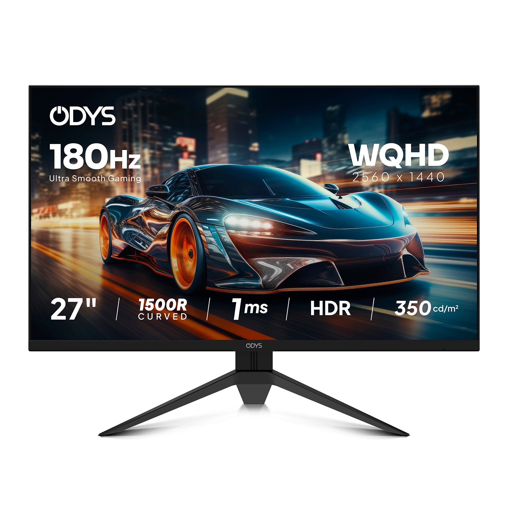 Der 27-Zoll Odys i27-Q-180 Flat Gaming Monitor zeigt Produktspezifikationen wie 180 Hz Bildwiederholrate, WQHD-Auflösung, 1 ms Reaktionszeit, HDR und 350 cd/m² Helligkeit, wobei ein Rennwagen auf dem Bildschirm angezeigt wird.