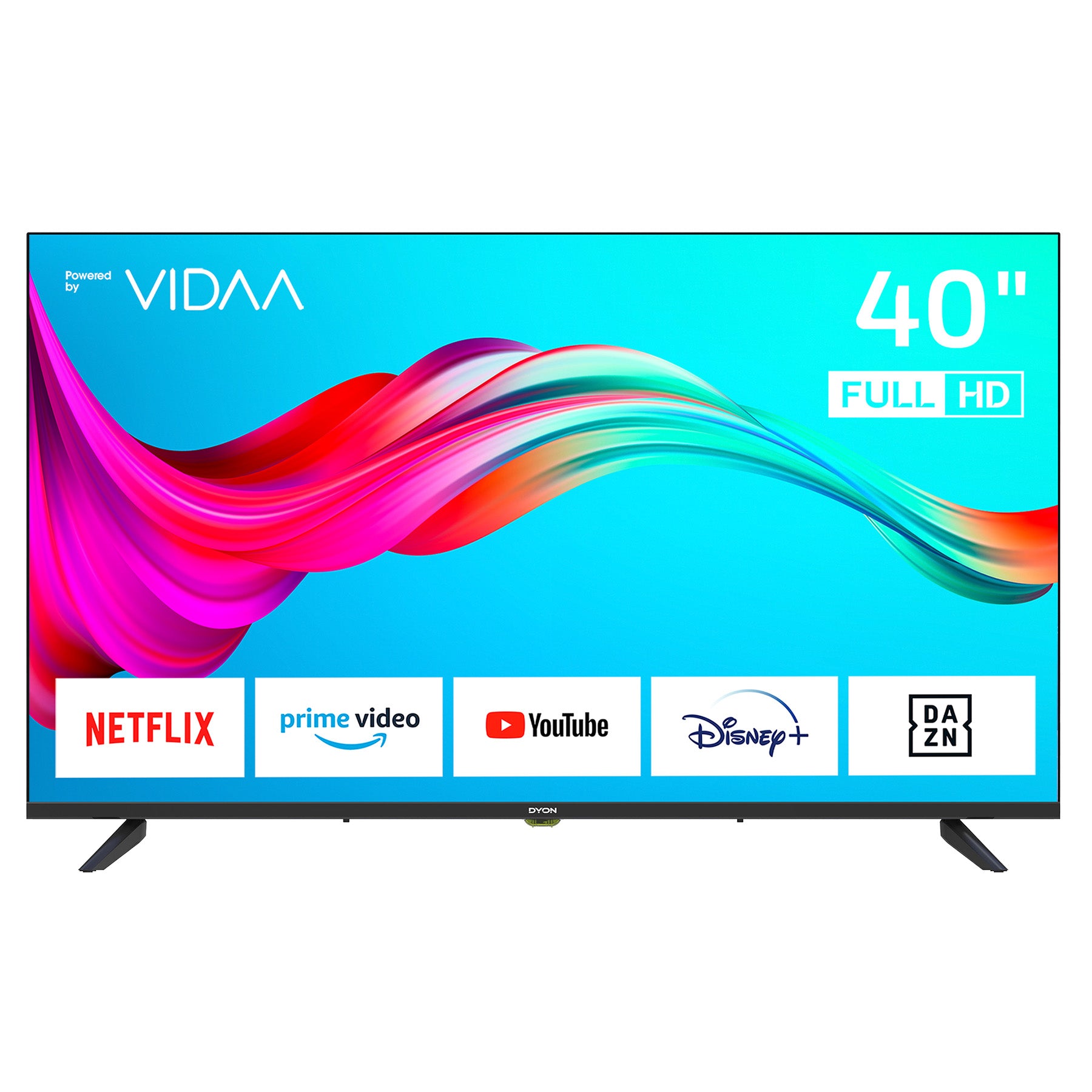 Der Dyon DYON Smart 40 VX-2 40-Zoll-Full-HD-Smart-TV zeigt auf seinem Bildschirm die Logos von Streaming-Diensten wie Netflix, Prime Video, YouTube, Disney+ und DAZN an. Dieses Modell ist mit einem HD-Triple-Tuner ausgestattet, der vielfältige Sehmöglichkeiten bietet.