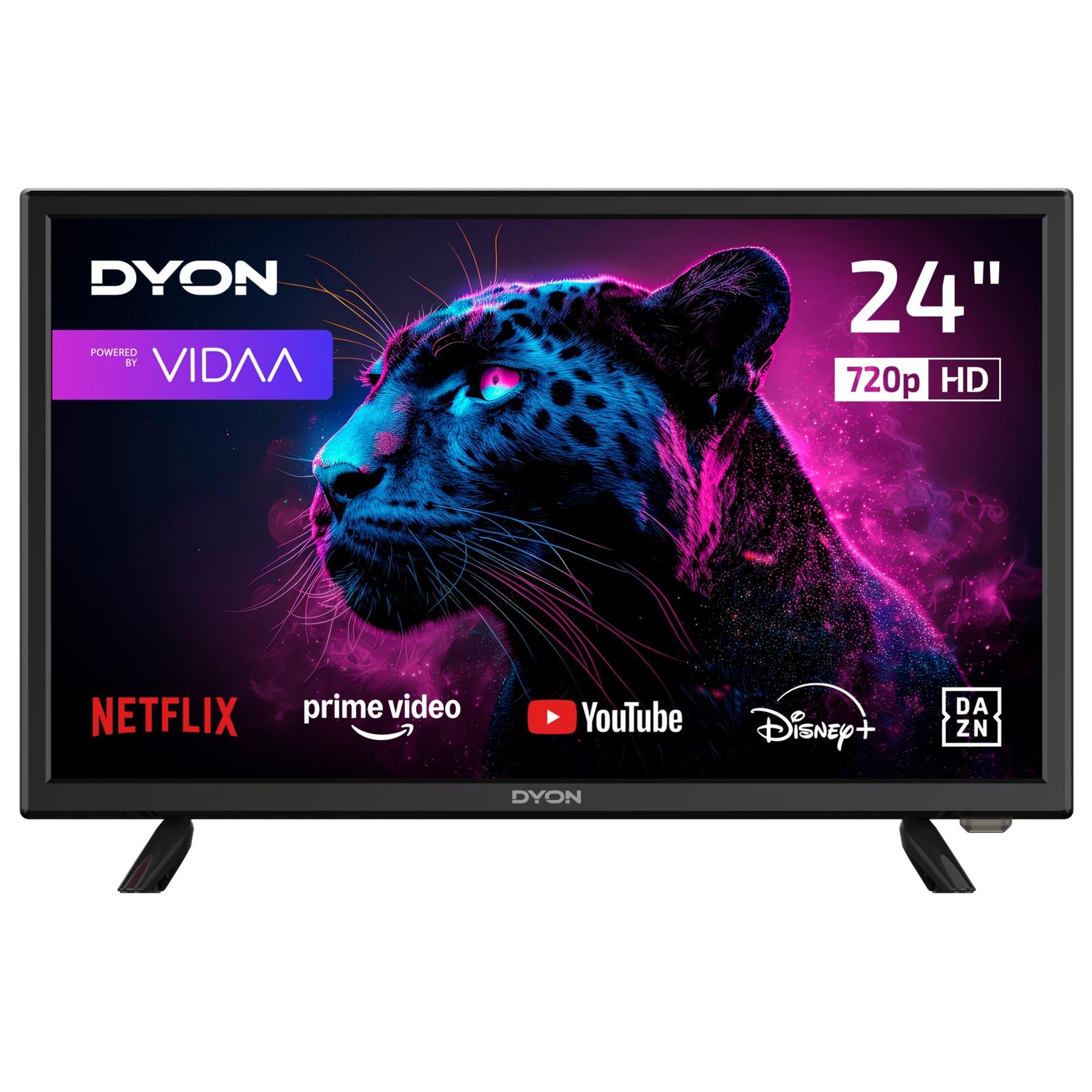 Wir stellen vor: den DYON Movie Smart 24 VX 24-Zoll-HD-Smart-TV – einen 24-Zoll-Fernseher von Dyon, auf dem neben den Logos von Streaming-Apps wie Netflix, Prime Video, YouTube, Disney+ und DAZN ein leuchtendes Neonbild eines Panthers zu sehen ist. Dieser Smart-TV unterstützt eine HD-Auflösung von 720p und läuft mit dem intuitiven VIDAA-Betriebssystem für nahtloses Entertainment.