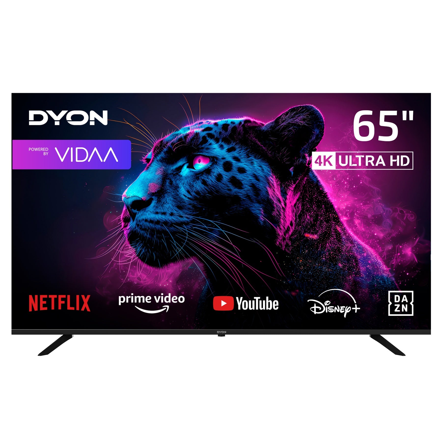 Ein Dyon Movie Smart 65 VX Smart TV (65 Zoll, 164 cm) zeigt einen neonfarbenen Leoparden und Logos von Streaming-Diensten: Netflix, Prime Video, YouTube, Disney+ und DAZN.