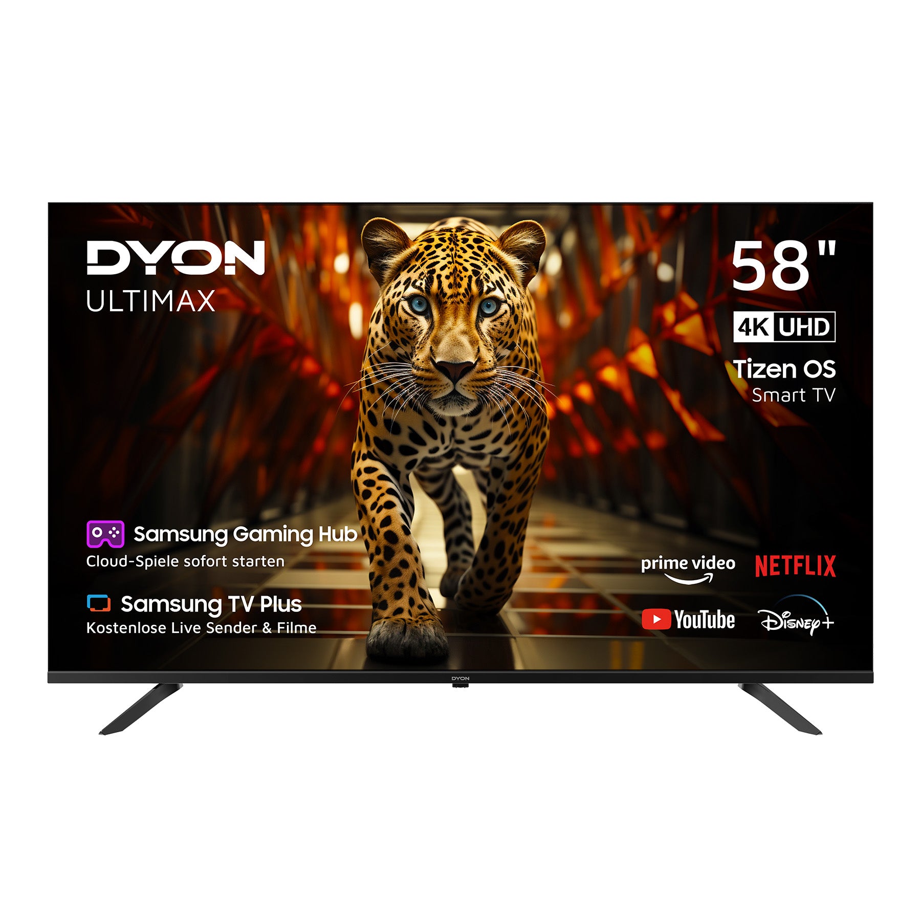 Ein Dyon Ultimax 58U-TI Smart TV (58 Zoll, 146 cm) zeigt einen Leoparden auf seinem 4K UHD-Display, Logos von Streaming-Apps und Funktionen wie Tizen OS und Samsung Gaming Hub.