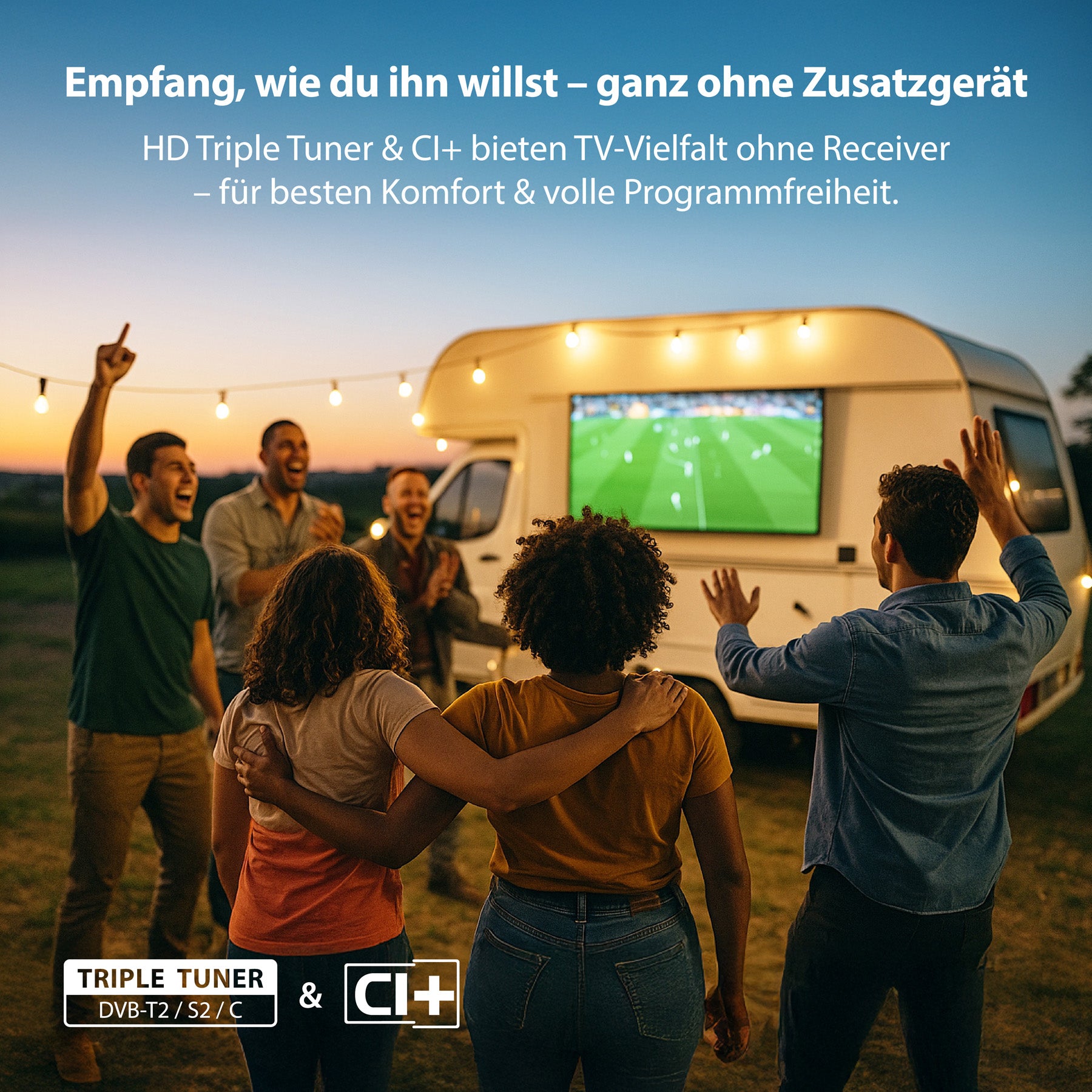 Eine Gruppe jubelt bei Sonnenuntergang vor einem Wohnmobil und schaut Fußball auf einem Dyon Enter 24 Pro-X-V Standard-TV (24 Zoll, 60 cm) mit HD-Triple-Tuner und CI+ Funktionen auf dem Außenbildschirm.