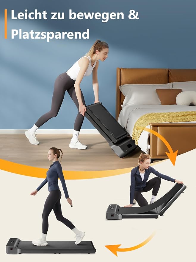 Eine Frau klappt das Kingsmith WalkingPad Z1 – ein zusammenklappbares Laufband (6 km/h, 110 kg) – zusammen und stellt es in einem Schlafzimmer ab; zwei kleinere Bilder zeigen sie beim Aufklappen und beim Gehen auf diesem leisen Laufband. Der deutsche Text lautet: Leicht zu bewegen & platzsparend.