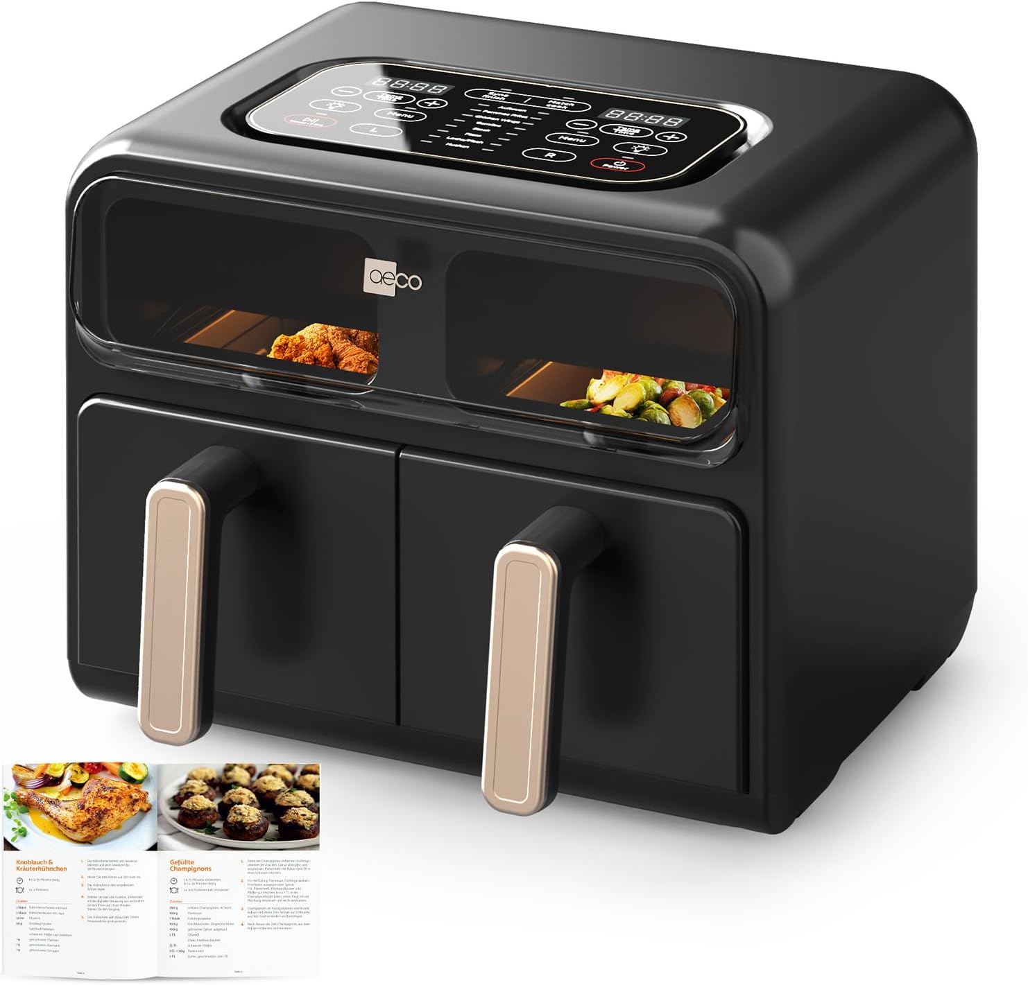 Die aeco FryQ ELITE DUO XL8 ist eine schwarze 4+4L Zweikammer-Luftfritteuse mit digitalem Bedienfeld, Gargut in beiden Fächern und einem offenen Rezeptheft auf der Vorderseite.