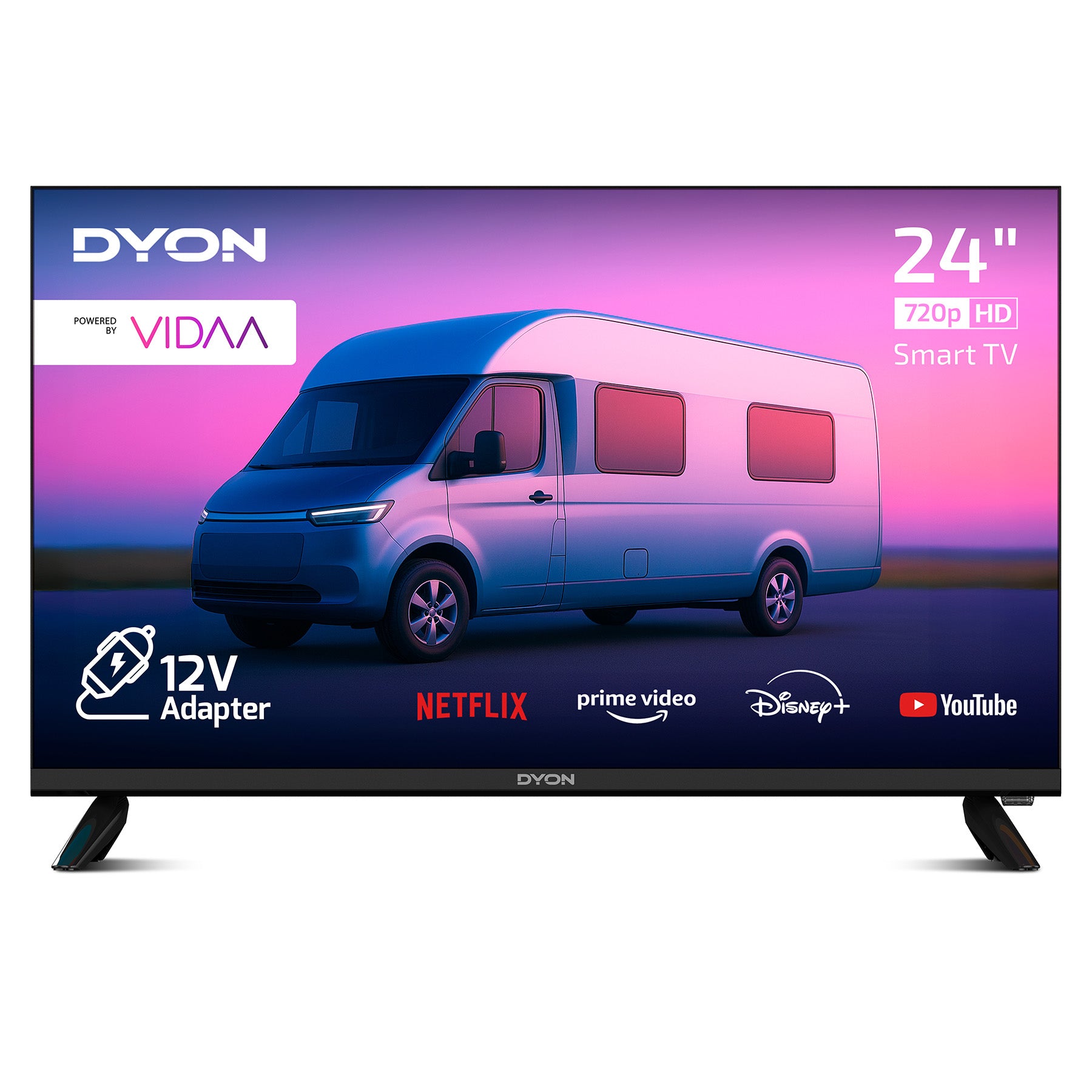 Ein 24-Zoll-Dyon Smart 24 VX-V Smart TV (60 cm) zeigt ein Wohnmobil, Streaming-Apps (Netflix, Prime Video, Disney+, YouTube) und Funktionen wie einen 12-Volt-Adapter und 720p-HD-Auflösung.