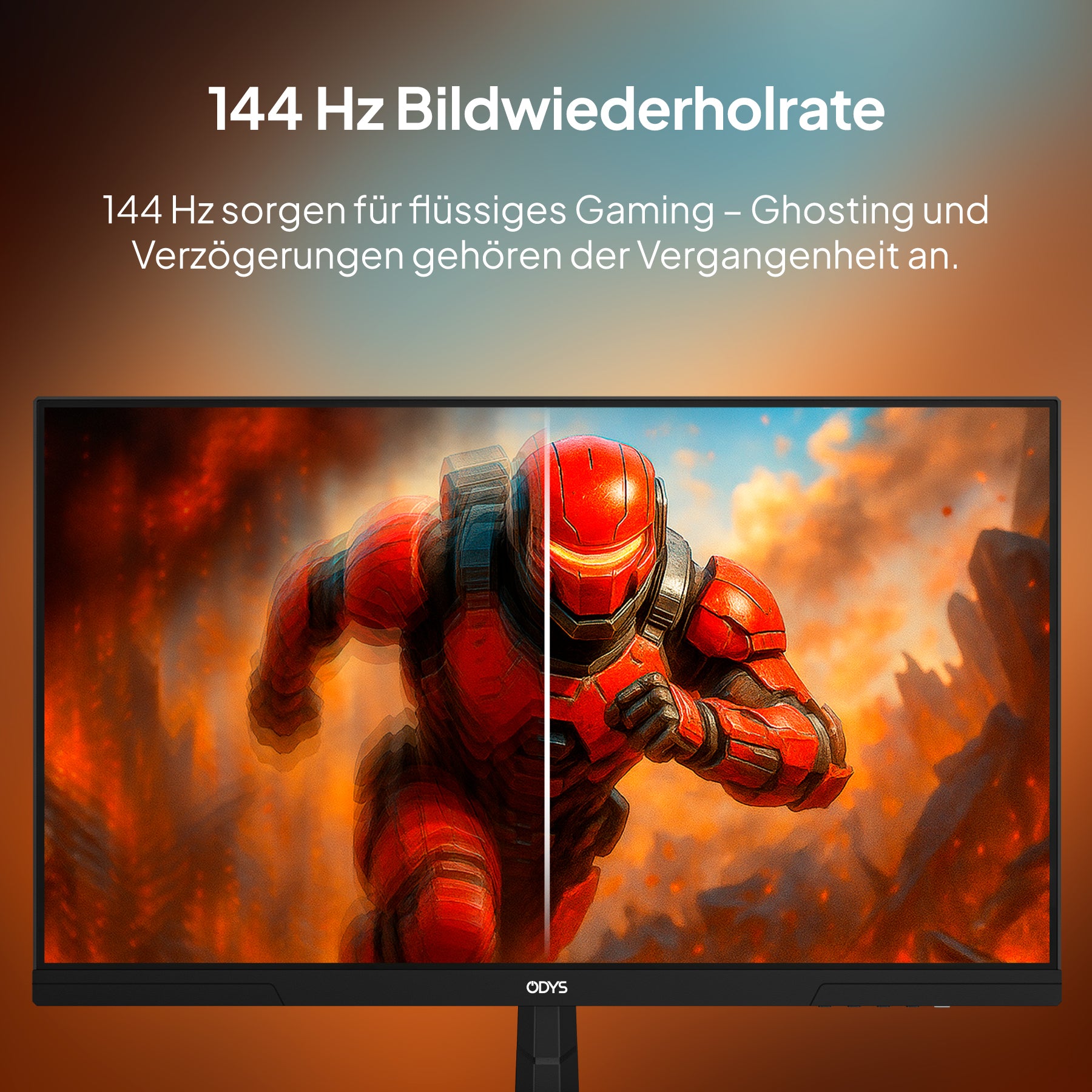 Ein Computermonitor, der Odys i27-F-144 27 Zoll Gaming Monitor, zeigt ein geteiltes Bild einer rennenden gepanzerten Figur, wobei die flüssigere Grafik auf der rechten Seite unter "144 Hz Bildwiederholrate" hervorgehoben wird.