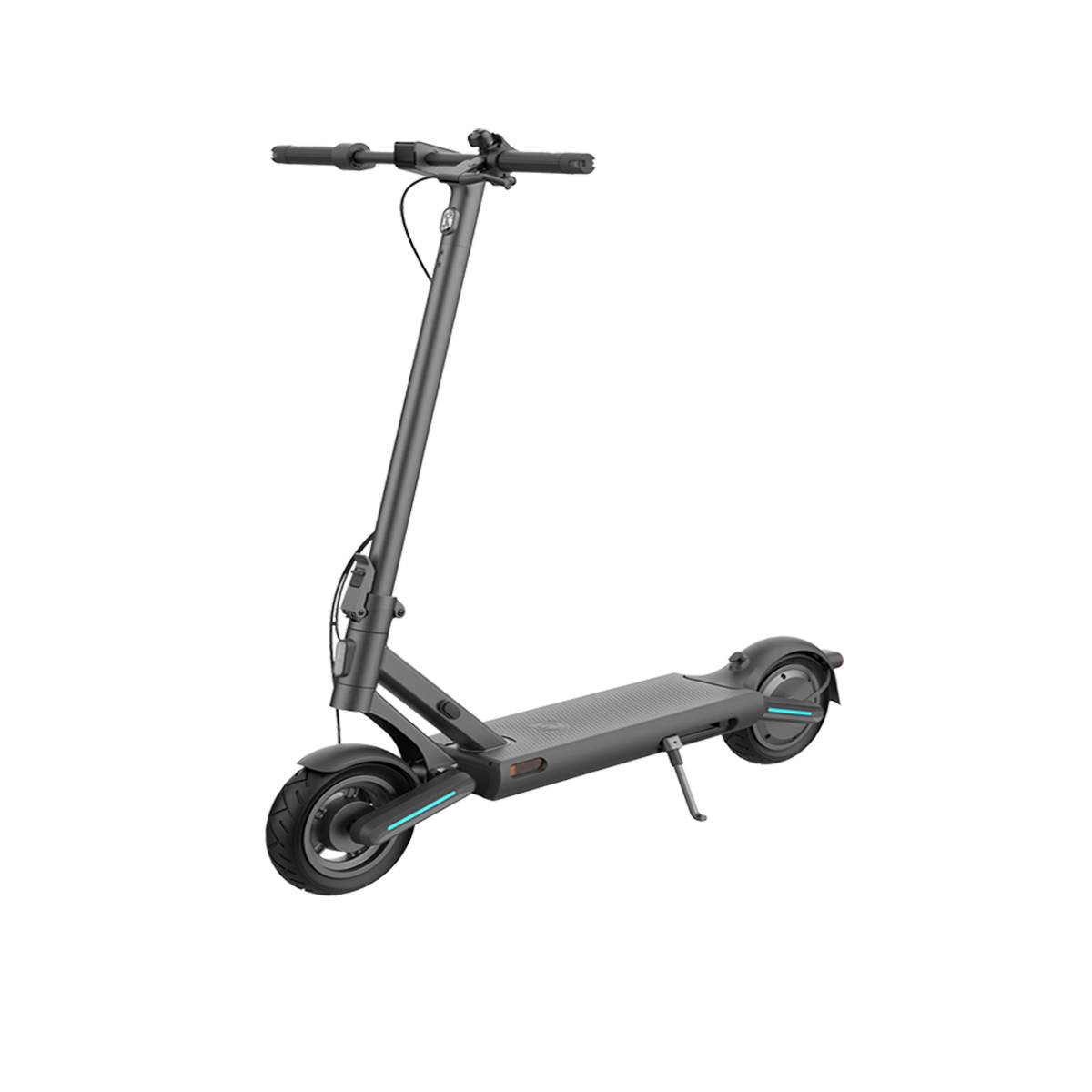 Ein schwarzer Elektroroller mit einem schmalen Rahmen, zwei großen Reifen, Lenker und einem Ständer, dargestellt von vorne auf einem weißen Hintergrund.