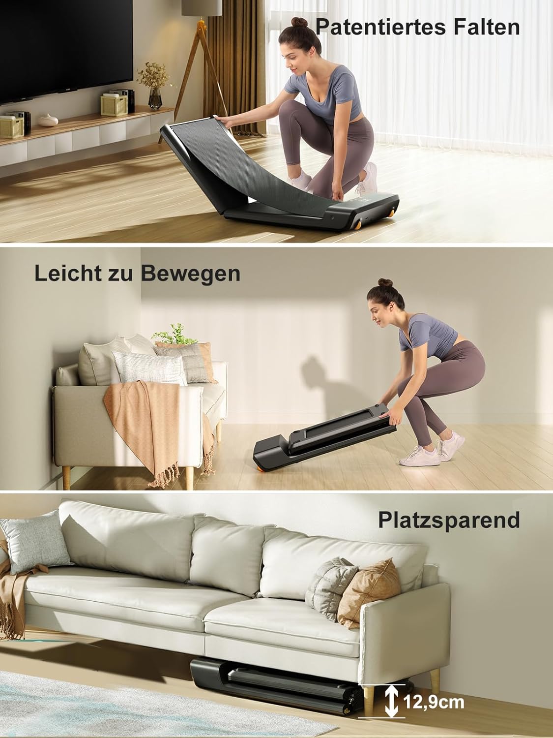 Eine Frau faltet und verschiebt ein Kingsmith WalkingPad A1 Pro Klappbares Laufband und verstaut dieses Untertisch-Laufband dann mühelos unter einem Sofa mit 12,9 cm Abstand. Der deutsche Text hebt das patentierte Falten, die einfache Mobilität und die platzsparenden Eigenschaften hervor.