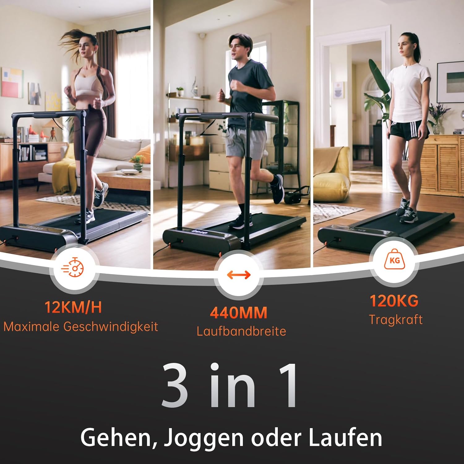 Drei Personen benutzen das Kingsmith WalkingPad R3 Hybrid+ Klappbares Laufband (bis 12 km/h, 440 mm Gürtel, 120 kg Belastung) in getrennten Räumen. Bildunterschrift: 3 in 1 Gehen, Joggen oder Laufen.