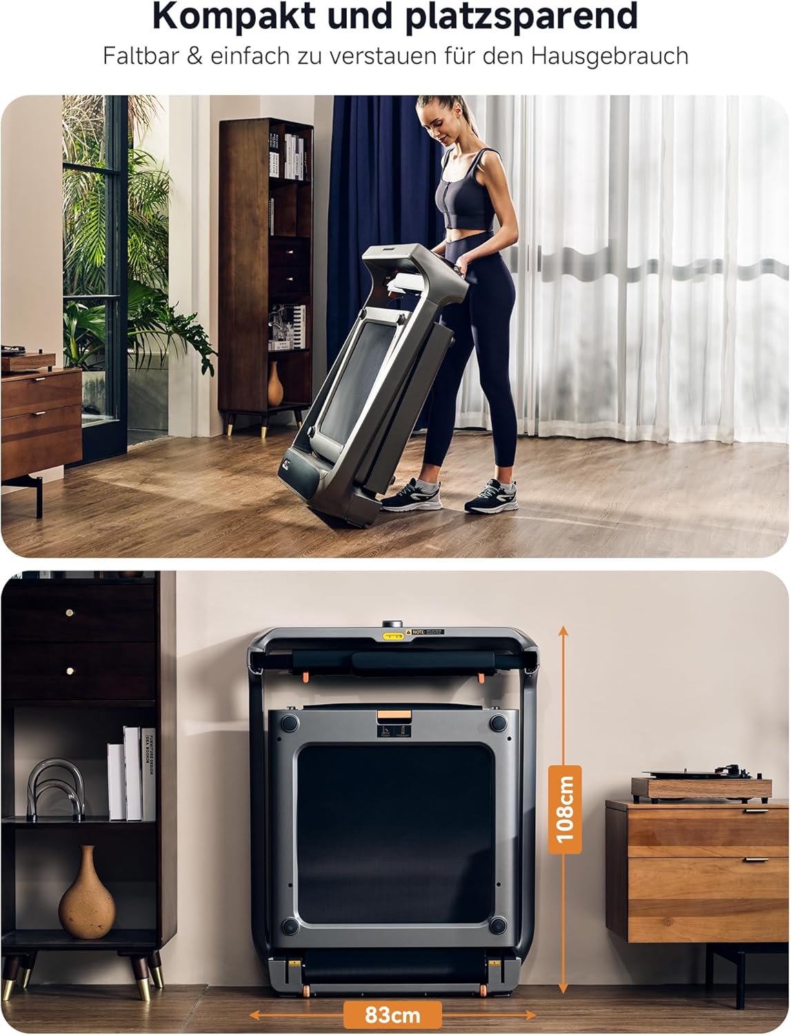 Eine Frau faltet ein Kingsmith WalkingPad X218 Klappbares Laufband mit Handläufen in einem modernen Wohnzimmer zusammen; darunter wird das gefaltete Laufband (108 cm hoch, 83 cm breit) aufbewahrt. Ideal, wenn Sie ein WalkingPad kaufen wollen für platzsparendes Training zu Hause.