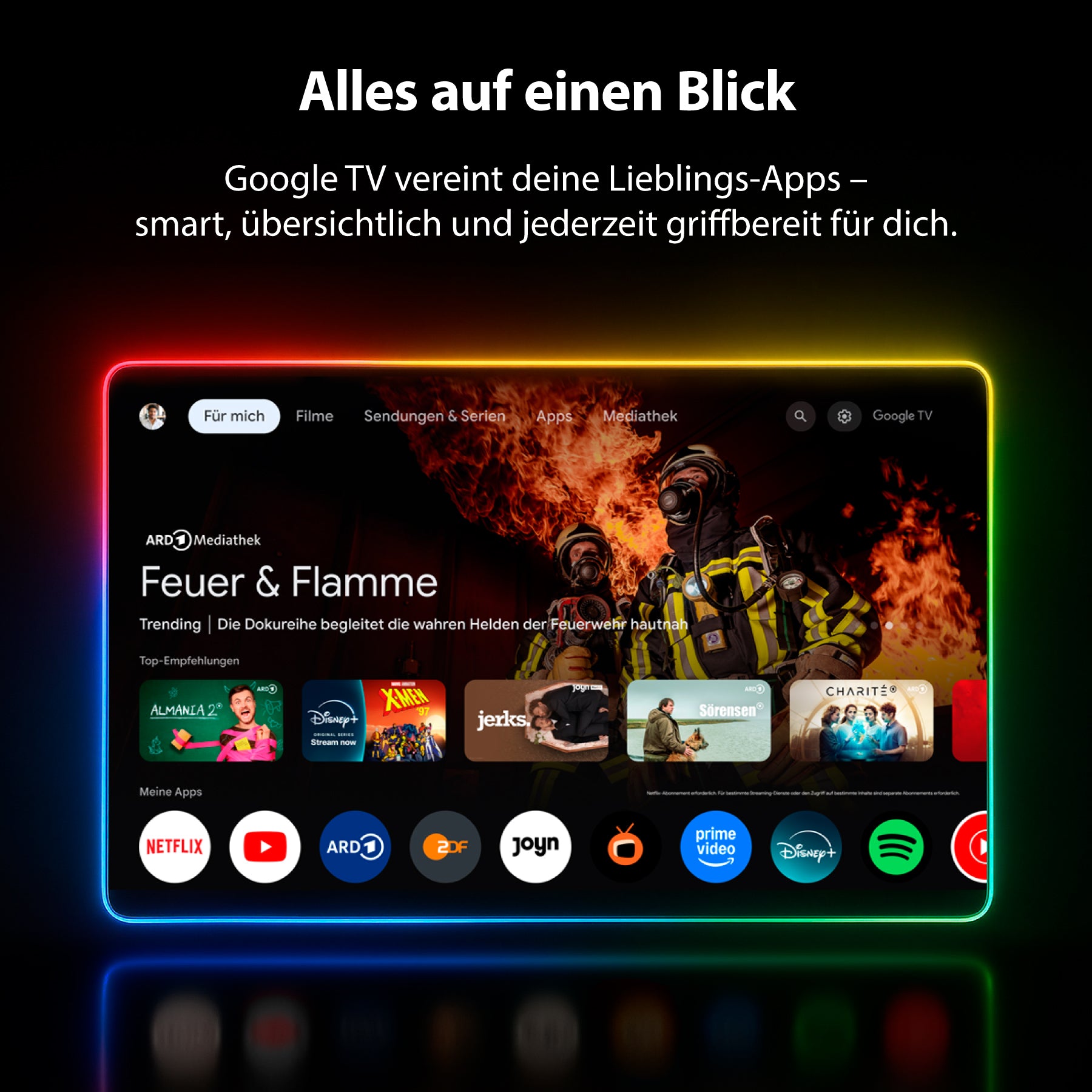 Der Dyon nexGo 43F Smart TV (43 Zoll, 108 cm) zeigt die Google TV-Oberfläche mit Feuer & Flamme und beliebten App-Icons wie Netflix, Prime Video, Disney+ und Spotify gut sichtbar.