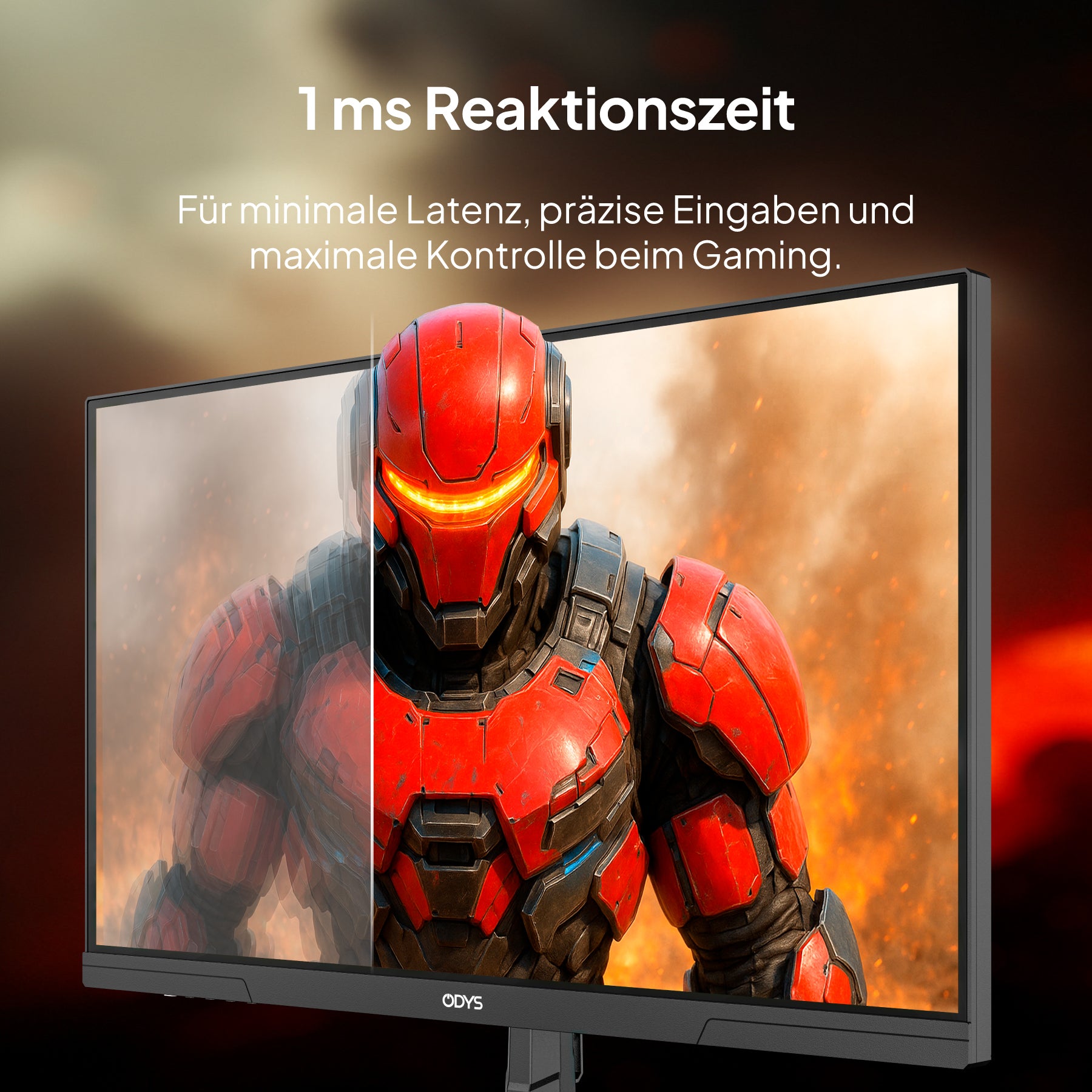 Der Monitor Odys i25-F-144 zeigt eine rot gepanzerte Spielfigur auf einem geteilten Bildschirm, die die visuelle Qualität unterstreicht; der hervorgehobene Text betont die Reaktionszeit von 1 ms für eine verbesserte Spielleistung.