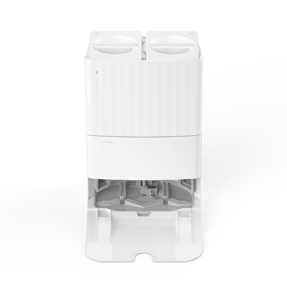 Der Roborock Qrevo MaxV White ist eine moderne automatische Reinigungsbasisstation mit zwei runden Fächern oben und einem offenen unteren Teil, der den Blick auf die internen Reinigungsmechanismen freigibt.