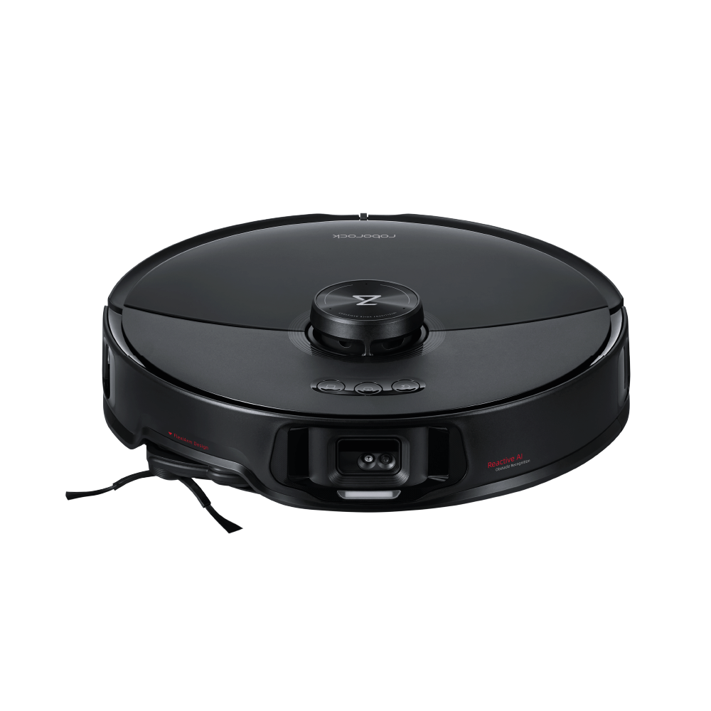 Der Roborock S8 MaxV Ultra Black, ein schwarzer, kreisförmiger Staubsaugerroboter mit einem oberen Sensor, einer Frontkamera und einer Seitenbürste, wird auf einem weißen Hintergrund gezeigt.