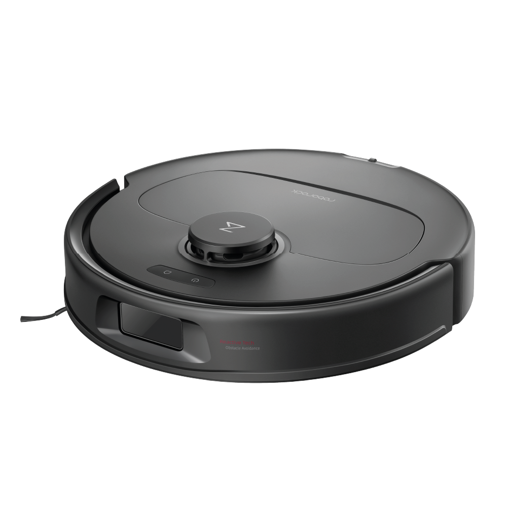 Der Roborock Qrevo Plus Black ist ein runder, schwarzer Staubsaugerroboter mit einem erhabenen Navigationssensor auf der Oberseite, der vor einem weißen Hintergrund abgebildet ist.