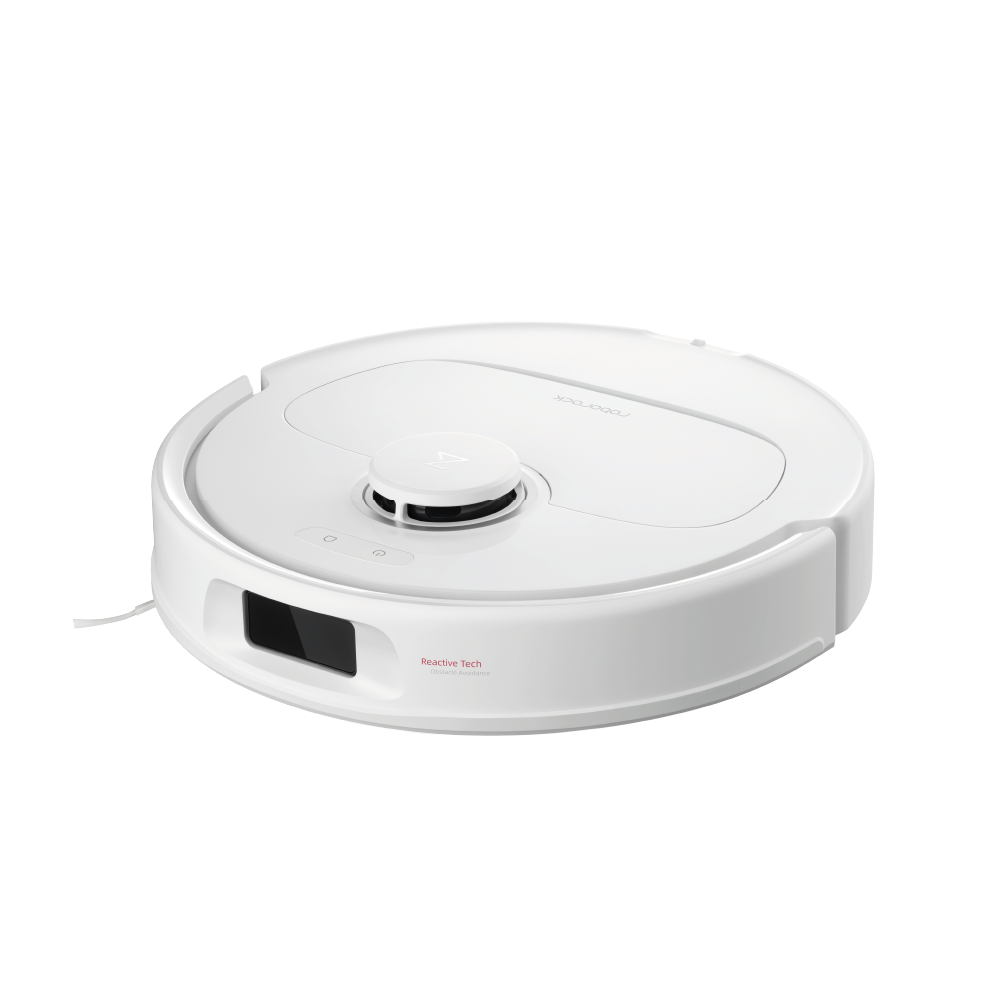 Der Roborock Qrevo Plus White ist ein kreisförmiger Staubsaugerroboter mit einem Sensormodul an der Oberseite und einer nach vorne gerichteten Kamera, die vor einem schlichten weißen Hintergrund gezeigt wird.