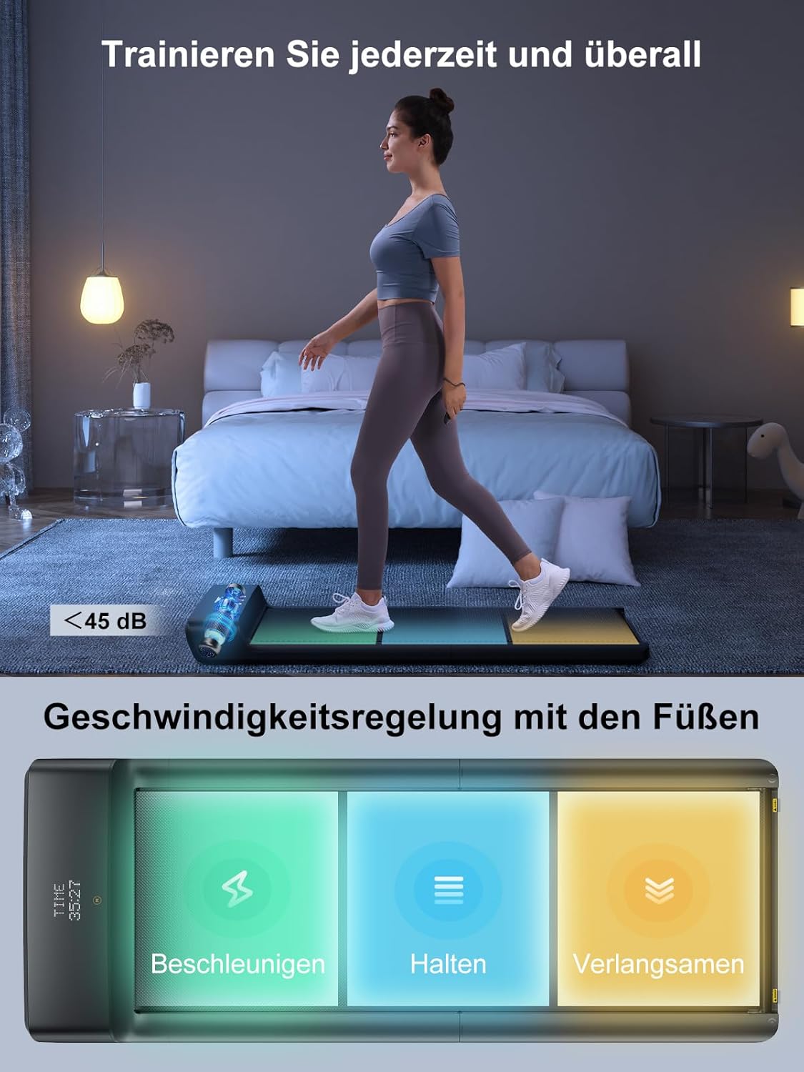 Eine Frau läuft auf dem Kingsmith WalkingPad A1 Pro Klappbares Laufband in einem Schlafzimmer; das Display zeigt die Geschwindigkeitsoptionen auf Deutsch an - Beschleunigen, Halten, Verlangsamen. Der Text hebt den leisen Betrieb und die intelligente Steuerung der Fußgeschwindigkeit hervor.
