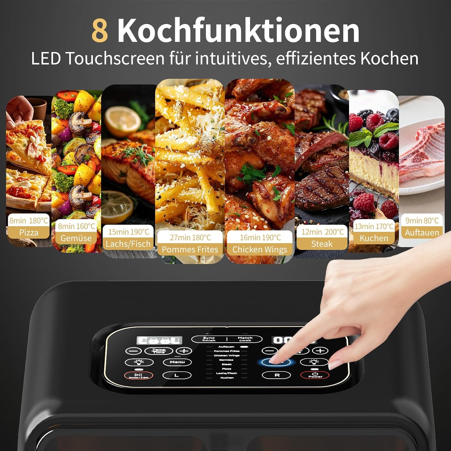 Eine Hand wählt eine Kochfunktion auf dem digitalen LED-Touchscreen des aeco FryQ ELITE DUO XL8 aus, der 8 Kochoptionen mit Bildern der Speisen und Zeiten in deutscher Sprache anzeigt.