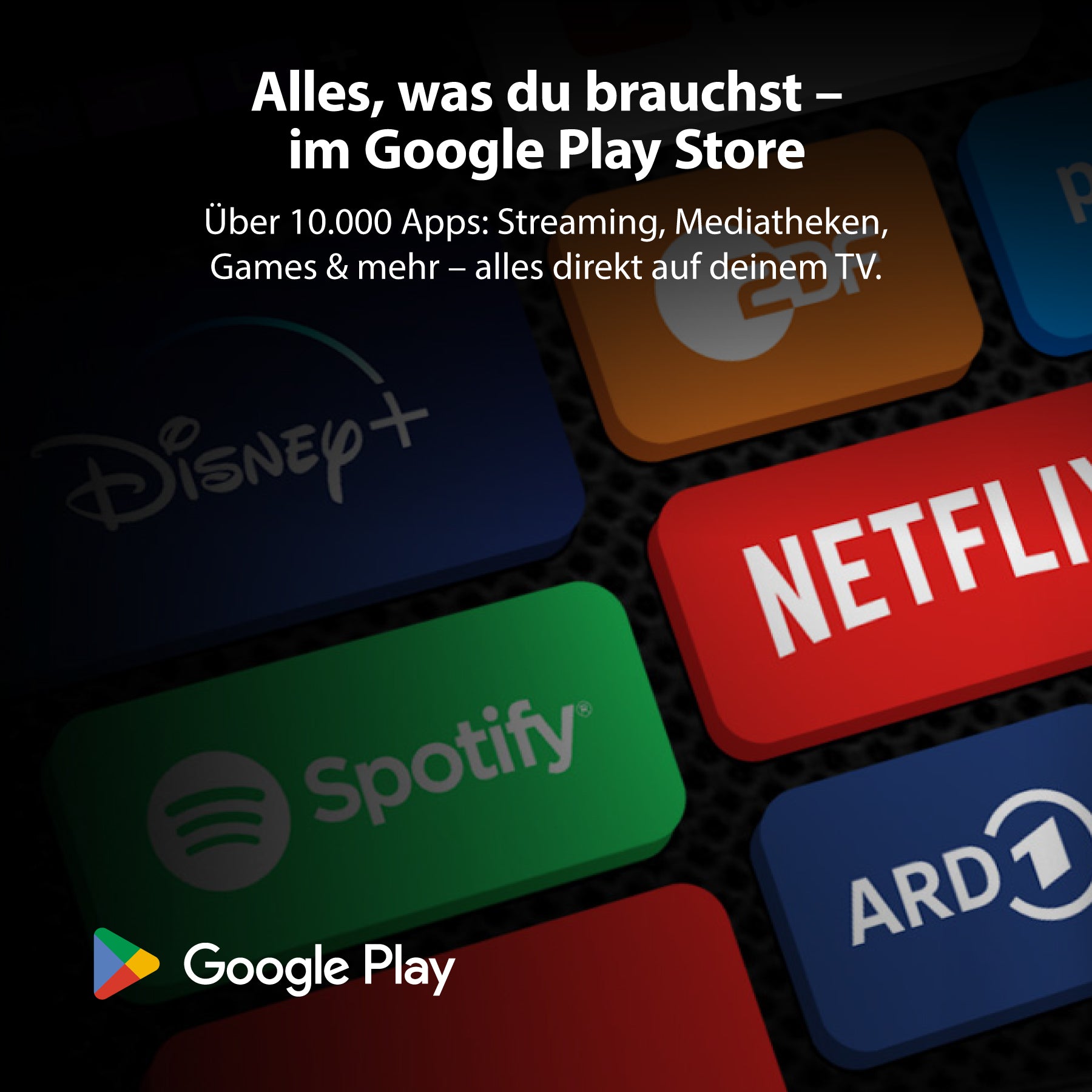 Beliebte Streaming-App-Symbole wie Disney+, Netflix, Spotify und ARD werden mit deutschem Text angezeigt, der TV-Apps im Google Play Store für den Dyon nexGo 32H Smart LED TV bewirbt.