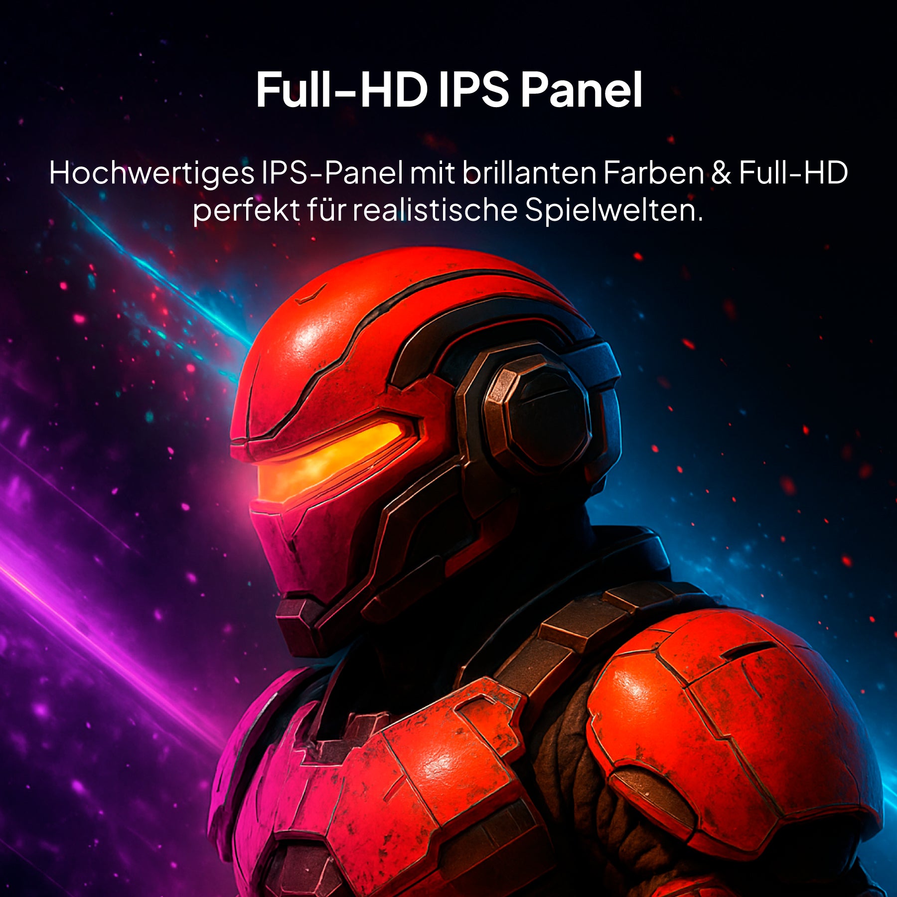 Ein rot gepanzerter Sci-Fi-Soldat steht vor einem farbenfrohen Hintergrund, wobei der Text das Full-HD IPS-Panel des Odys i25-F-144 für realistische Spielwelten hervorhebt.