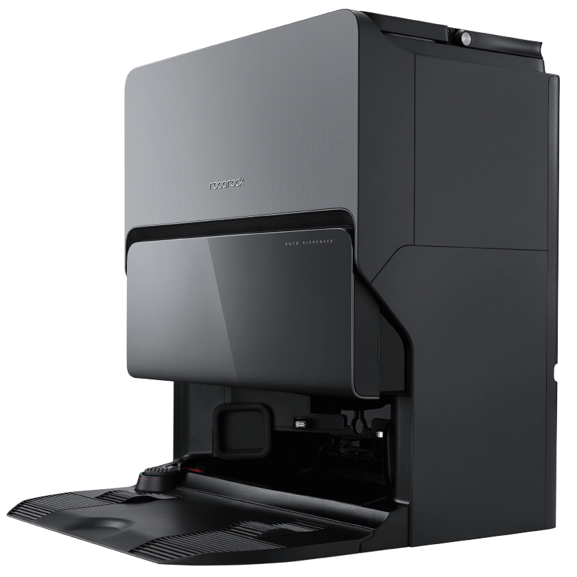 Die automatische Andockstation Roborock S8 MaxV Ultra Black verfügt über eine offene Vorderseite, die den Blick auf die Innenfächer und die Anschlusspunkte für einen Saugroboter freigibt.