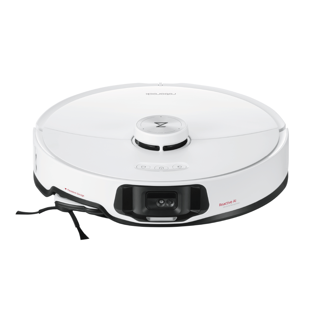 Der Roborock S8 MaxV Ultra White mit Wasseranschluss, ein weißer Staubsaugerroboter mit kreisförmiger Form, Frontsensoren und einem erhöhten LiDAR-Sensor oben, wird vor einem einfarbigen Hintergrund gezeigt.