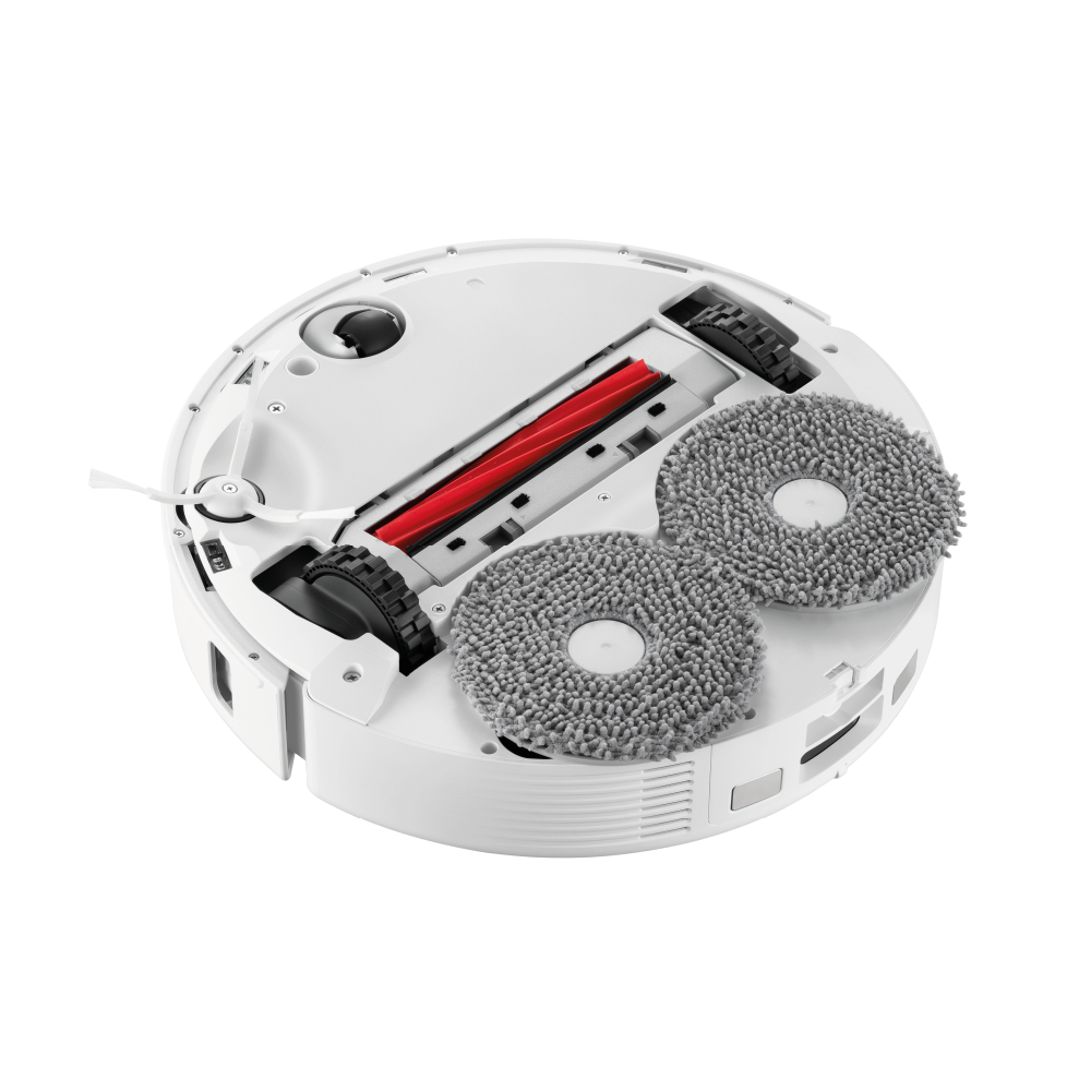 Der Roborock Qrevo Plus White Staubsaugerroboter ist von unten abgebildet und verfügt über eine rote Bürste, zwei graue Mopps, zwei schwarze Räder und eine weiße Seitenbürste.
