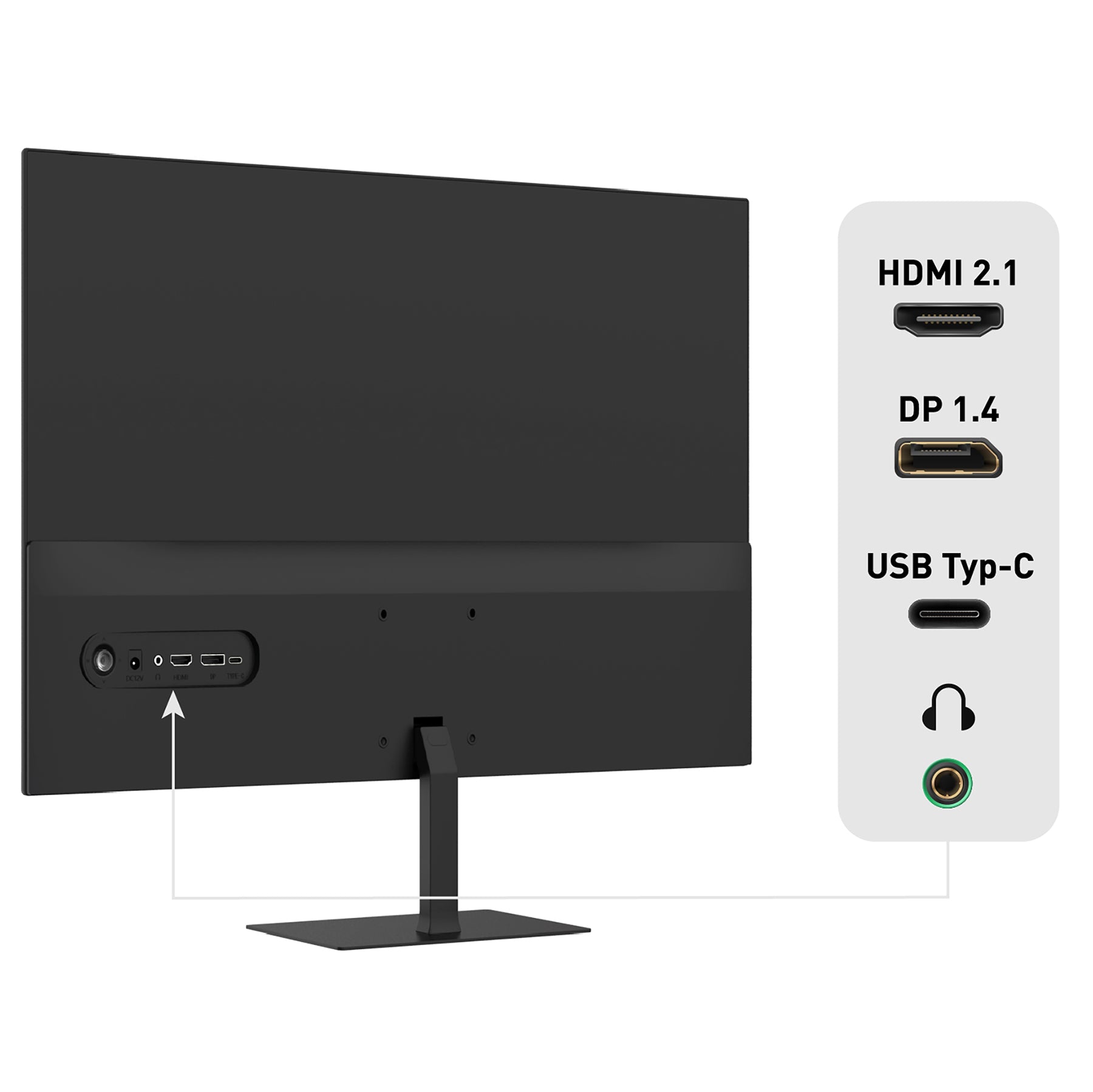 Rückansicht des Odys i27-Q-100 Flat Gaming Monitor (27", 69 cm), mit beschrifteten Anschlüssen: HDMI 2.1, DisplayPort 1.4, USB Typ-C und Kopfhöreranschluss.