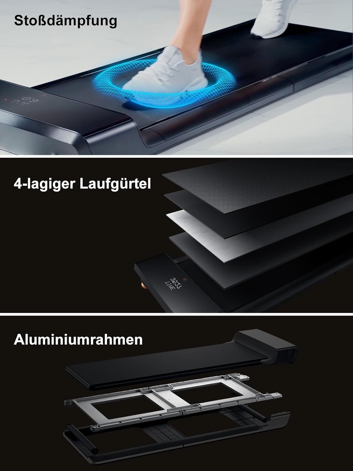 Ein Laufband mit Stoßdämpfung, einem vierlagigen Laufband und einem Aluminiumrahmen – wie beispielsweise das klappbare Laufband „Kingsmith WalkingPad A1 Pro“ (6 km/h, 136 kg) – wird in drei separaten, beschrifteten Schemazeichnungen dargestellt.