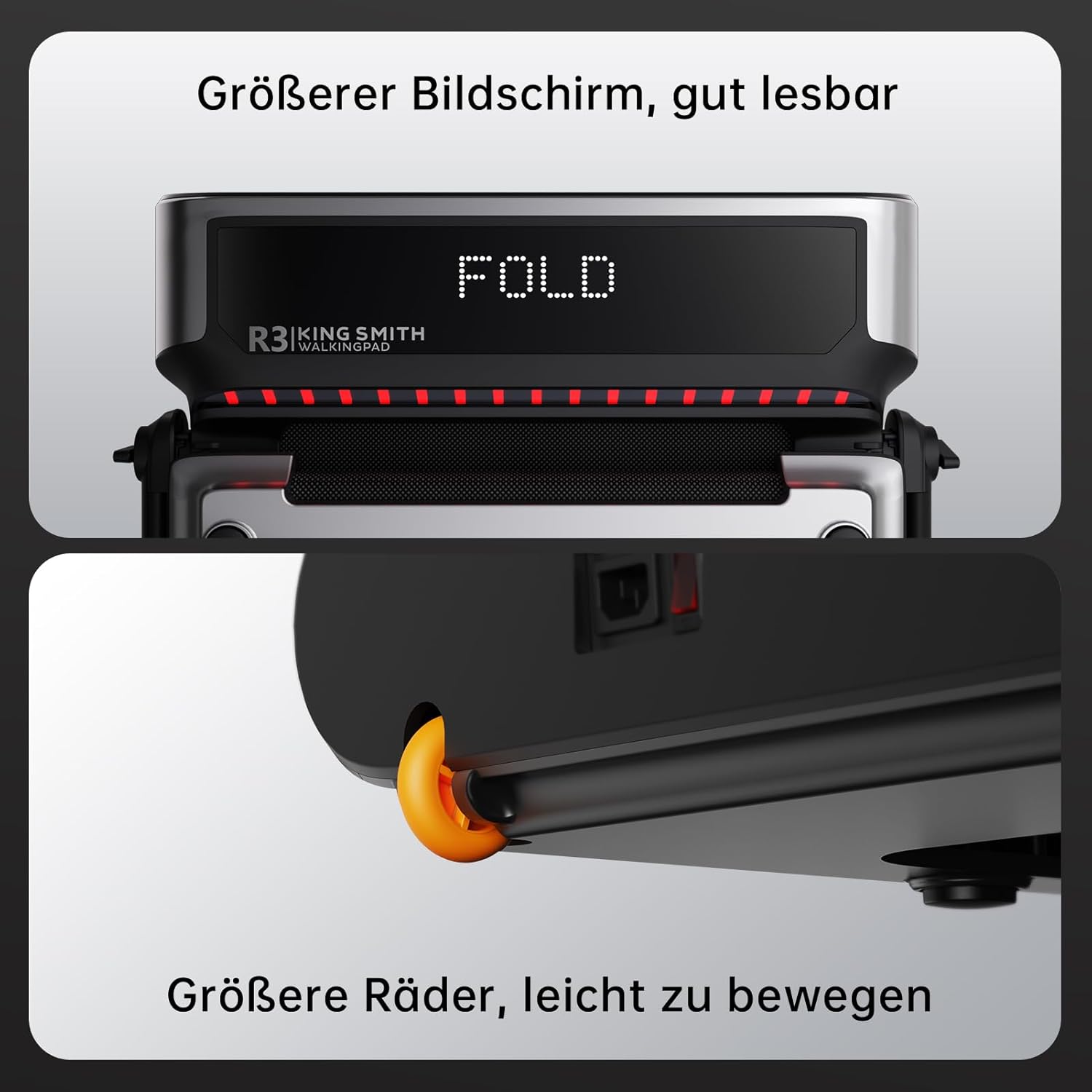 Oben: Nahaufnahme des digitalen Displays mit "FOLD" auf dem Kingsmith WalkingPad R3 Hybrid+ Klapp-Laufband bis 12 km/h. Unten: Detail eines Laufbandrads. Deutscher Text betont das leise Laufband, großes Display und leicht bewegliche Rollen.