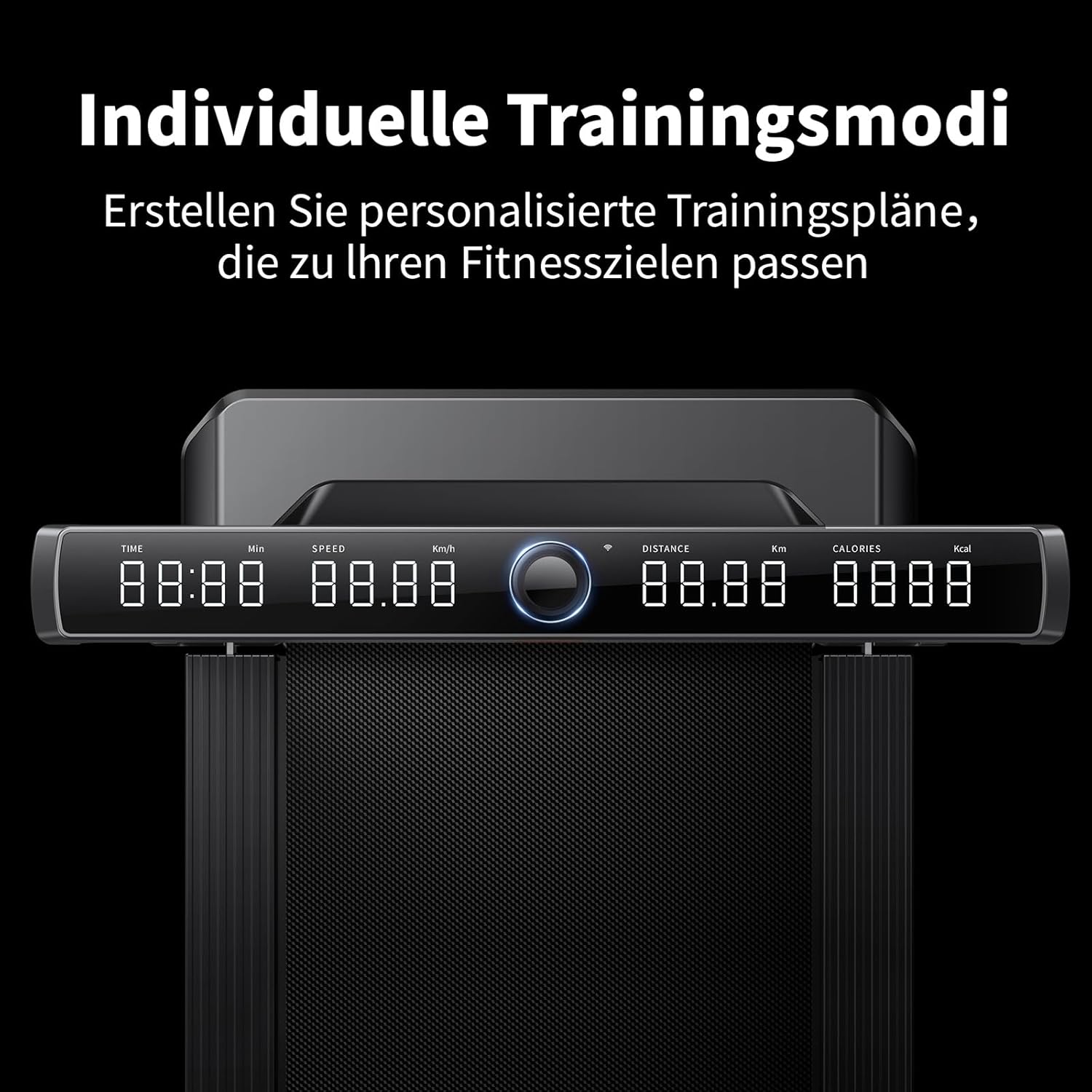Unter dem deutschen Text über personalisierte Fitnesspläne befindet sich ein Laufband-Bedienfeld mit digitalen Anzeigen, das mit dem innovativen Kingsmith WalkingPad X23/MX16 klappbares Laufband (bis 16 km/h & 136 kg) für ein erstklassiges Trainingserlebnis ausgestattet ist.