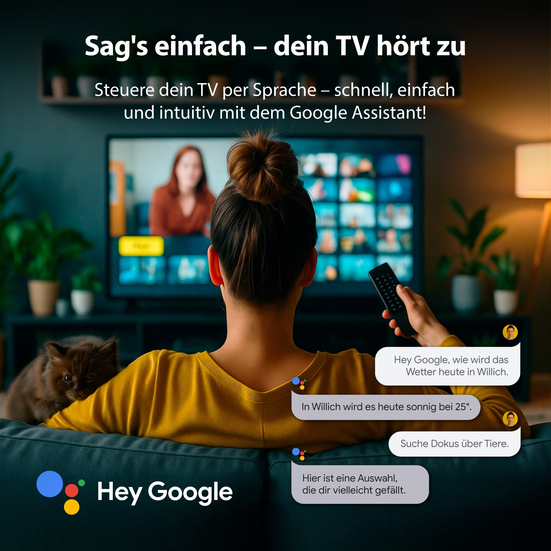 Eine Person mit einer Fernbedienung und einer Katze sitzt vor dem Dyon nexGo 32H Smart LED TV (32 Zoll, 80 cm). Die Sprechblasen zeigen die Sprachbefehle des Google Assistant zur Steuerung des Fernsehers.