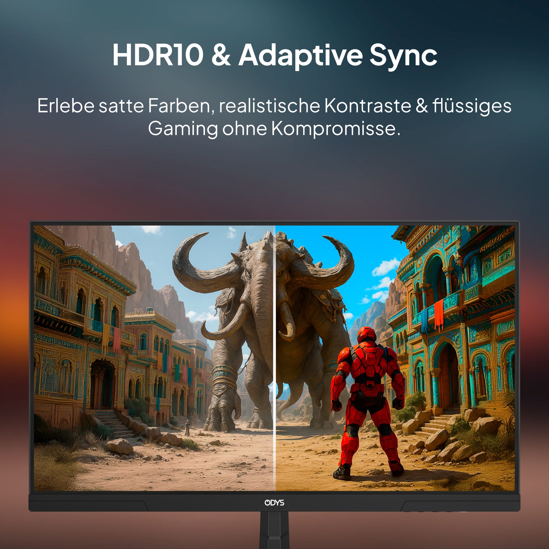Der Odys i25-F-144 Monitor zeigt ein geteiltes Bild eines Videospiels, das die verbesserten visuellen Eigenschaften von HDR10 und Adaptive Sync demonstriert.
